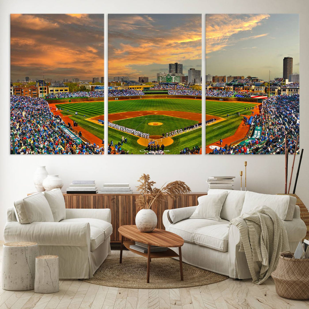 Aerial view of Wrigley Field at sunset against a vibrant sky, creating the perfect Chicago Wrigley Field Canvas Wall Art.