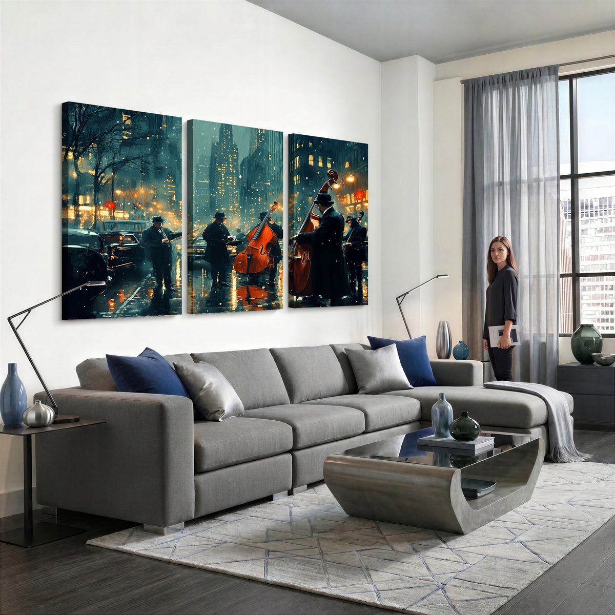 53391-MGV-CV-24X16 - Urban Night Jazz Wall Art Canvas Print | Moody Rain Soaked City Street Band Scene