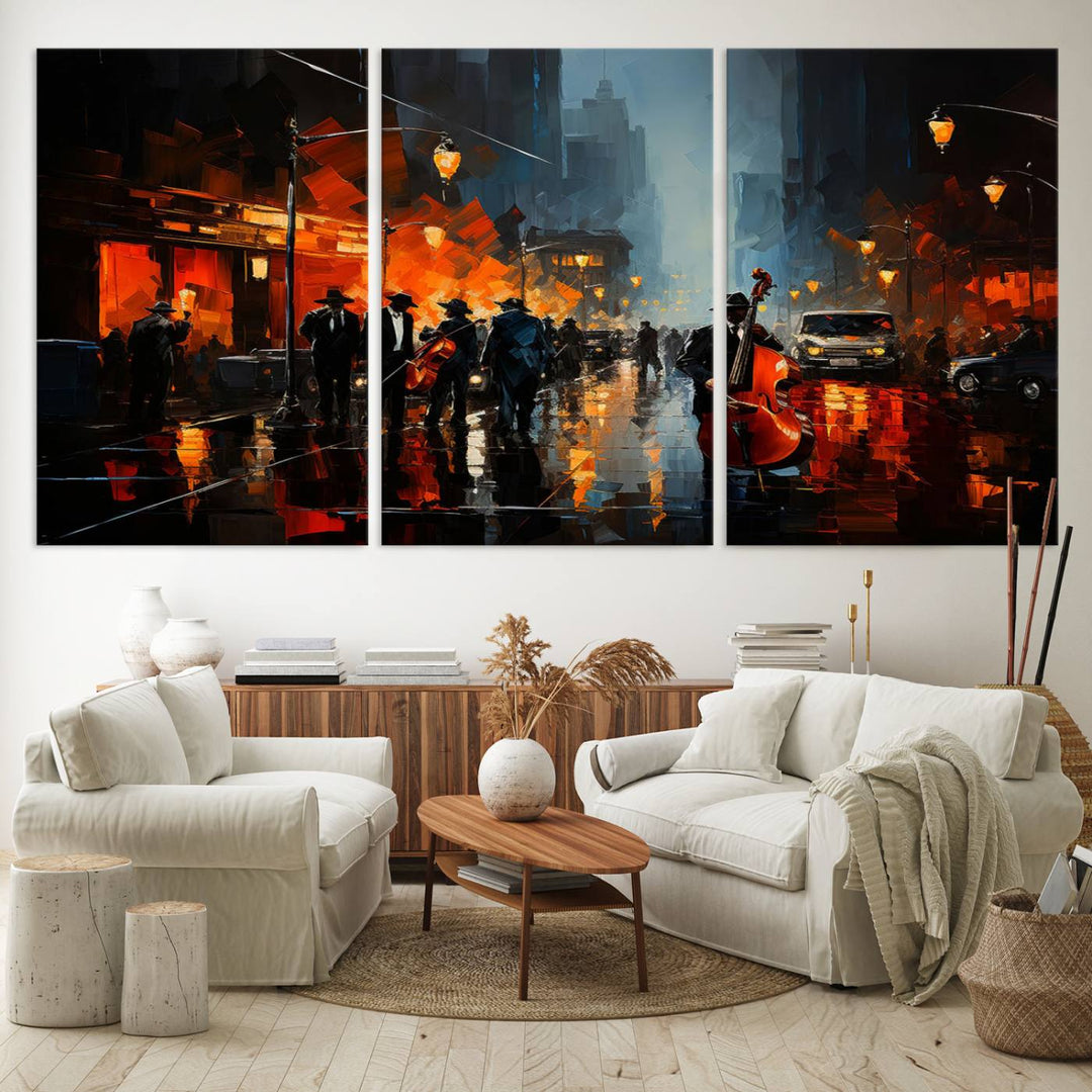 The Winston Porter Jazz Wall Art - African American Music Canvas creates an atmospheric vibe with vibrant cityscapes and reflections.