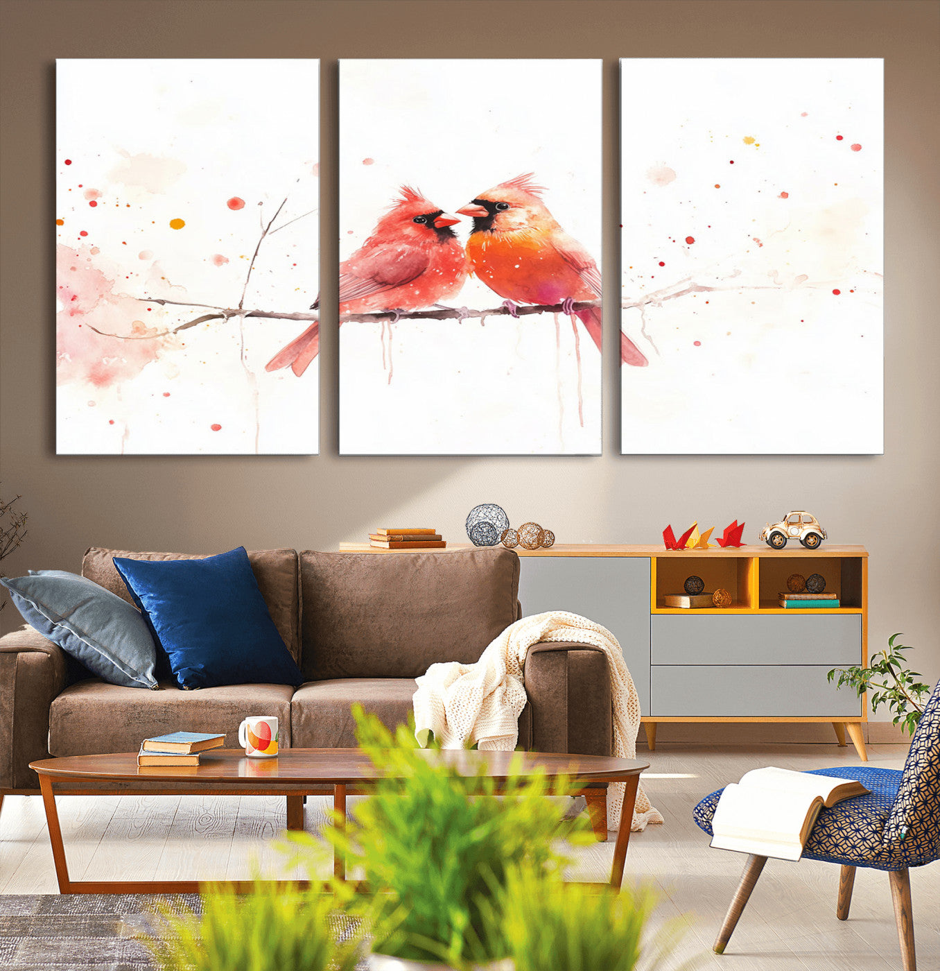 MGV-CV-60X30-3P - Cardinal Bird Canvas Wall Art - Male and Female Cardinal Print - Nature-Inspired Bird Wall Decor for