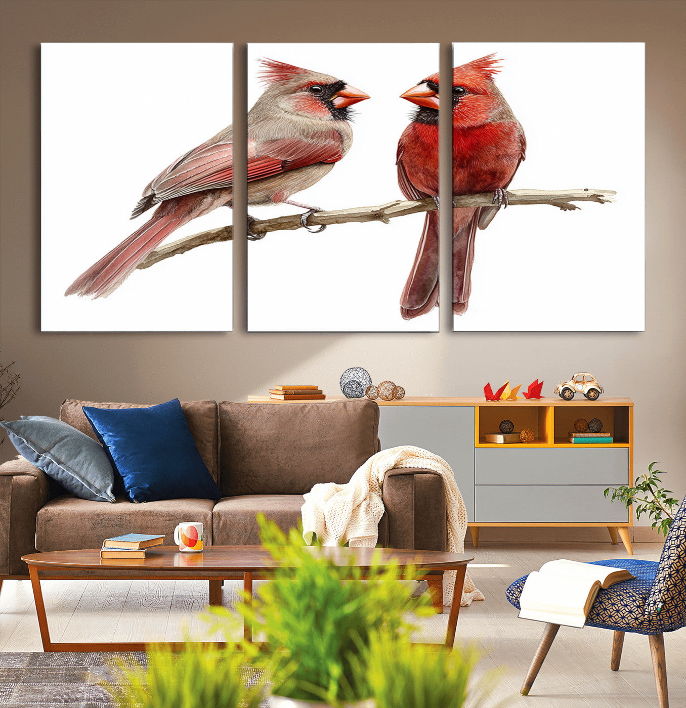 MGV-CV-60X30-3P - Cardinal Bird Canvas Wall Art - Male and Female Cardinal Print - Abstract Bird Wall Decor for Home -