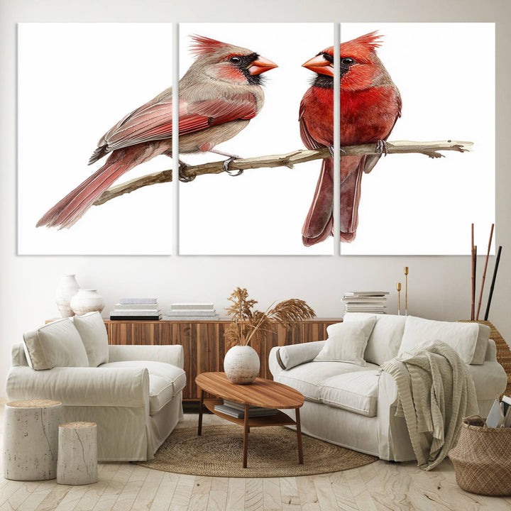 The Cardinal Bird Canvas Wall Art showcases two cardinals on a branch.