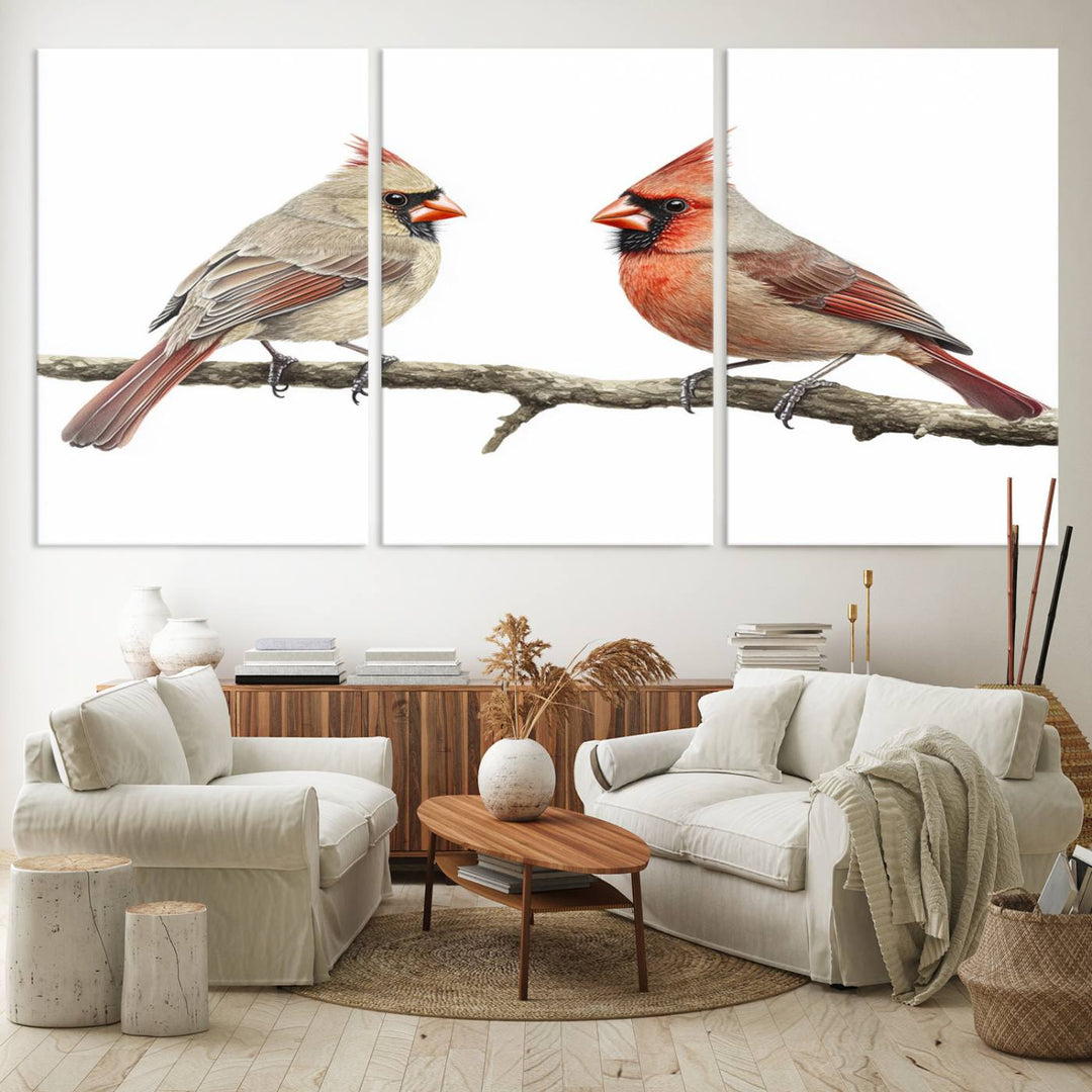 A Cardinal Canvas Wall Art print of cardinals on a branch hangs prominently.