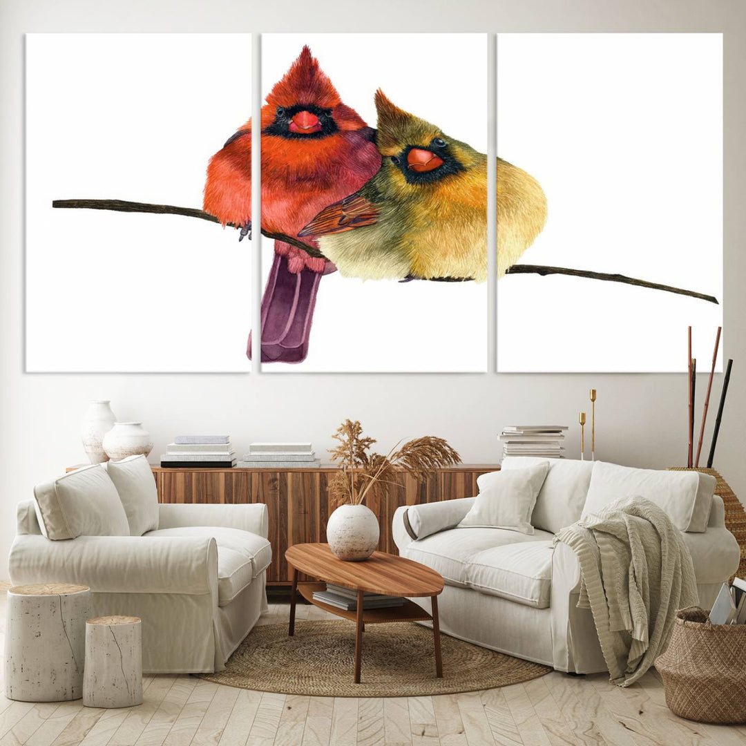 The Cardinal Bird Canvas Wall Art showcases vibrant male and female cardinals, capturing the beauty of nature in vivid detail.