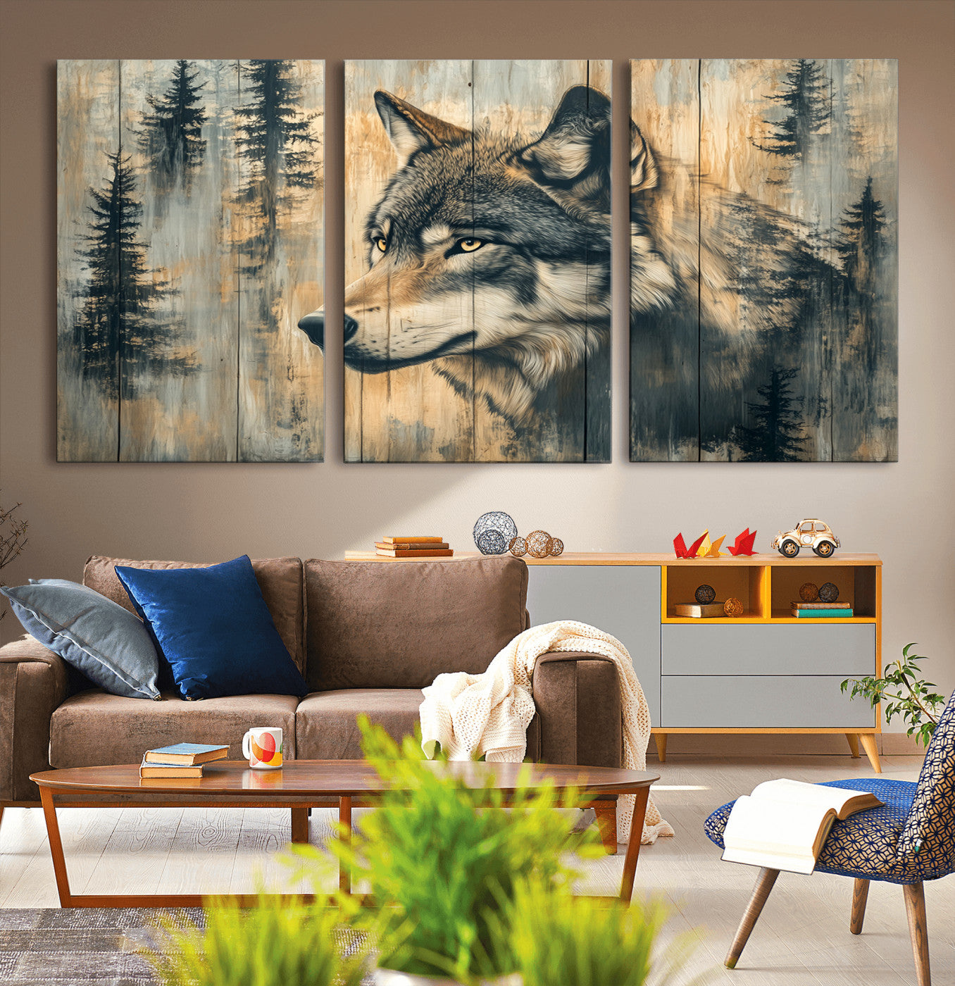 MGV-CV-60X30-3P - Wood Style Rustic Wolf Wall Art Canvas Print, Vintage Woodland Wolf Wall Art, Framed Wood Style Wolf