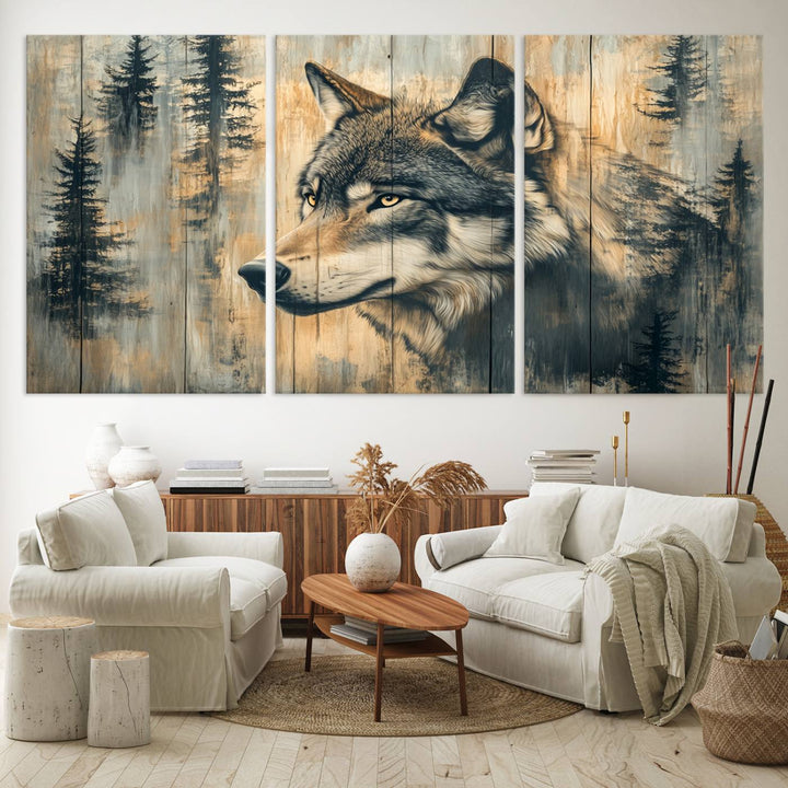 Above the counter is a Wood Style Rustic Wolf Wall Art Canvas Print.