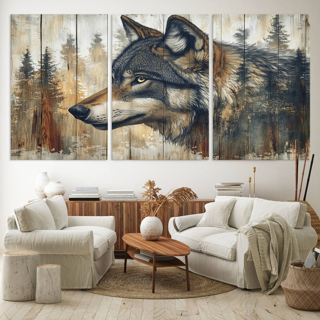 A kitchen dining area features Rustic Wolf Wall Art.