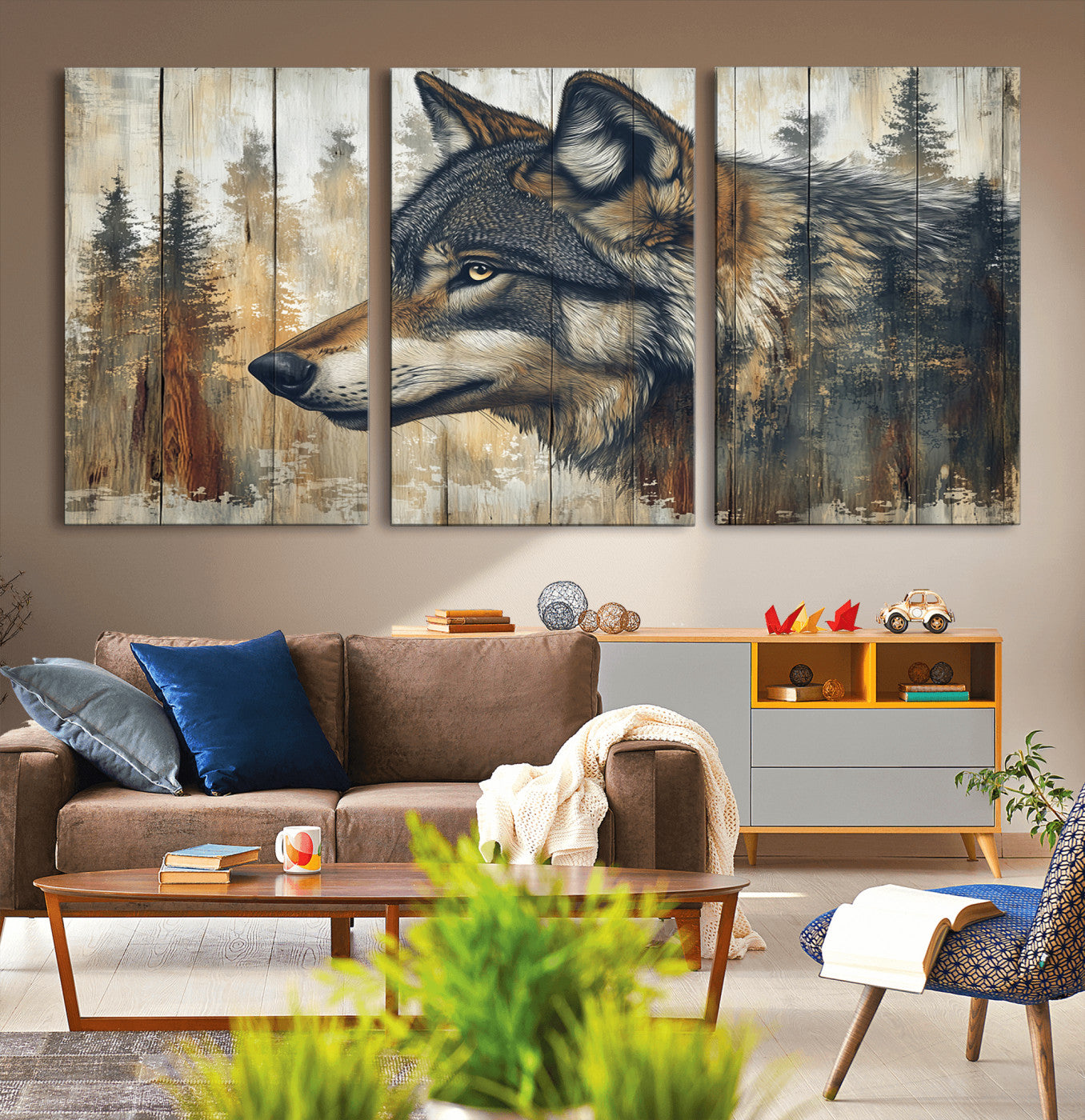 MGV-CV-60X30-3P - Rustic Wolf Wall Art Canvas Print, Vintage Woodland Wolf Wall Art