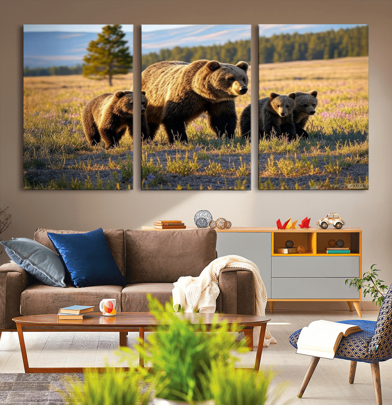 MGV-CV-60X30-3P - Grizzly 399 in Wild Flowers Wall Art Canvas Print, Grizzly Bears Wall Art, Queen of Grand Teton