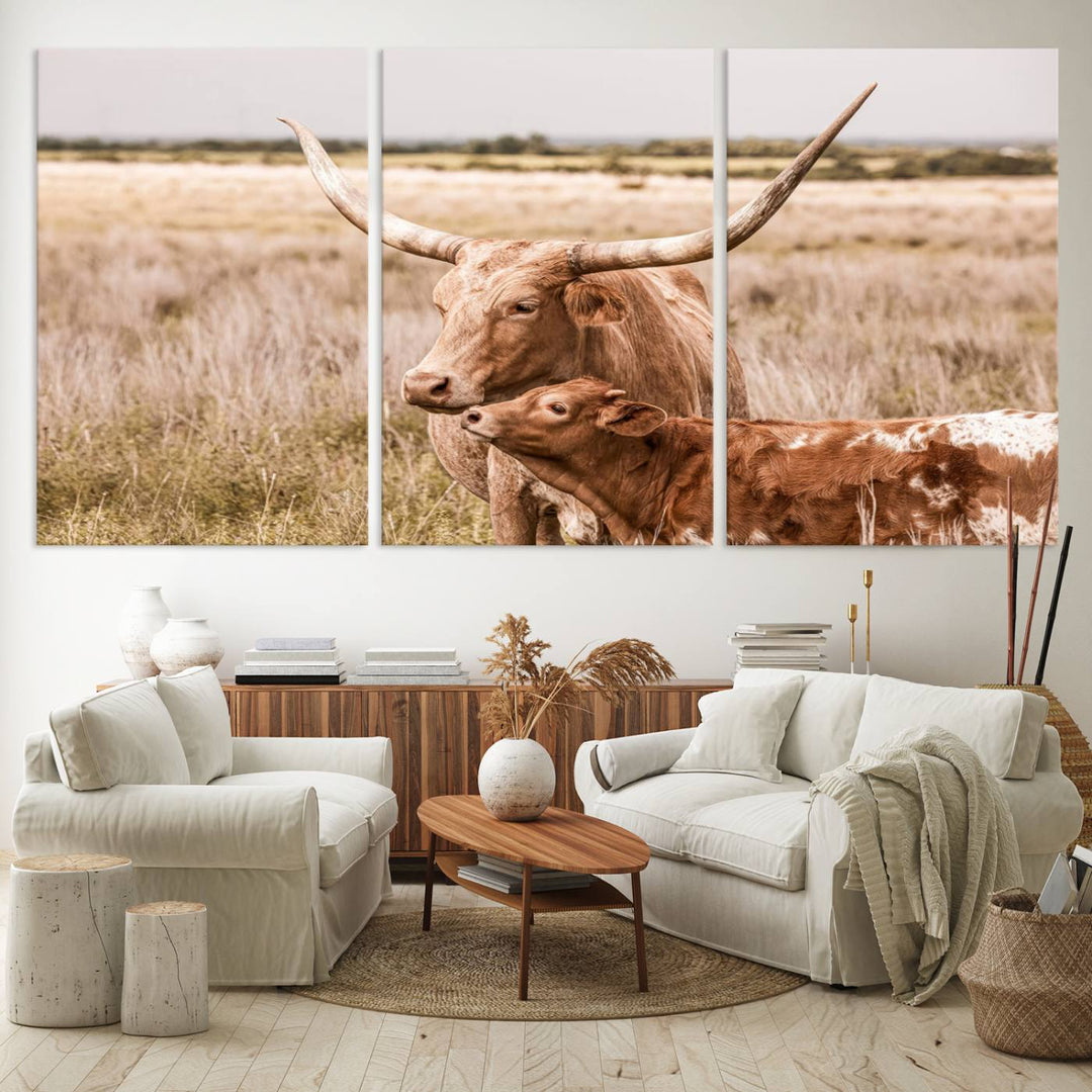 Dining area featuring a Texas Longhorn Cow Wall Art Canvas Print.