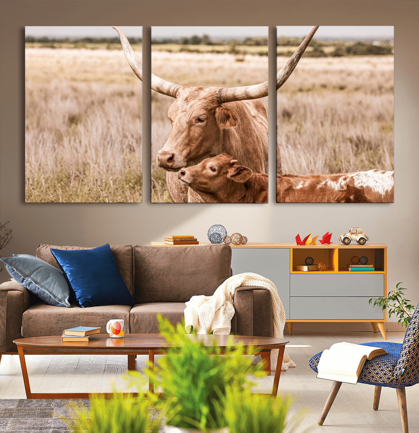 MGV-CV-60X30-3P - Texas Longhorn Cow Wall Art Canvas Print for Farmhouse Wall Art, Texas Decor, Western Wall Art Print