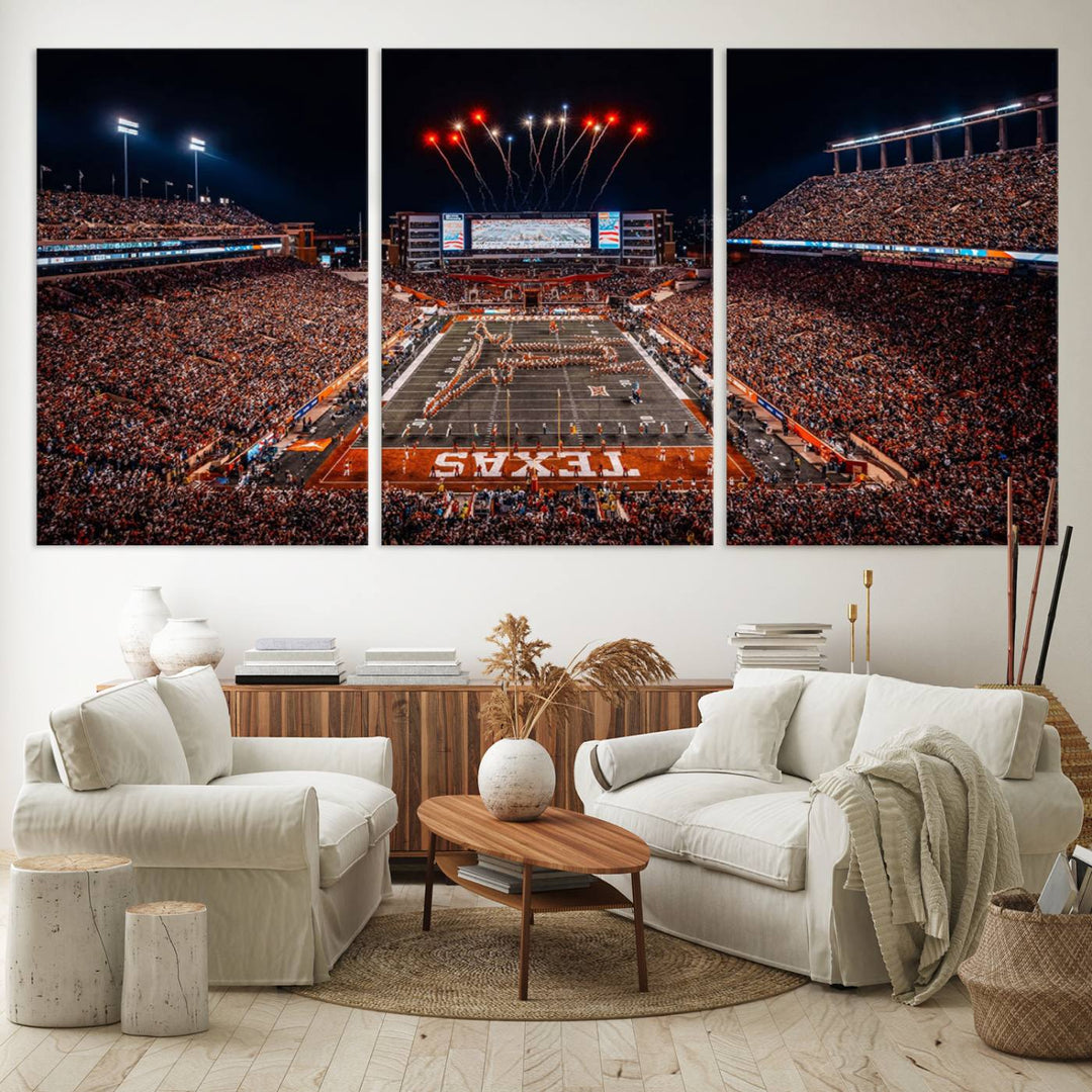 A Texas Memorial Stadium canvas print with fireworks embellishes the modern living room.