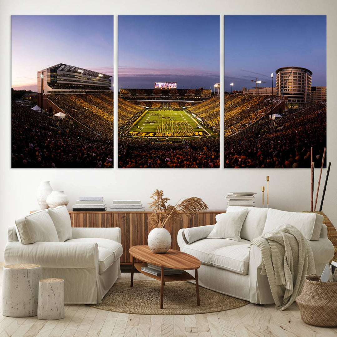 The Iowa Hawkeyes Kinnick Stadium Wall Art Canvas Print captures a sunset scene, making it perfect for display on a wall.