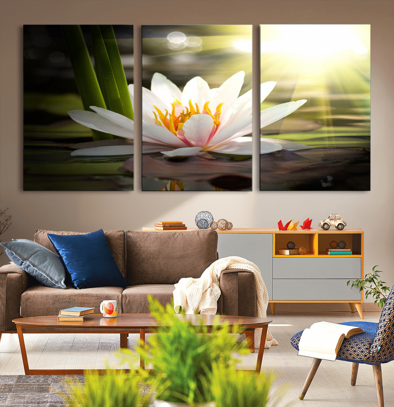 MGV-CV-60X30-3P - Lotus Flower Wall Art Canvas Print, Water Lily Large Wall Art Canvas Print