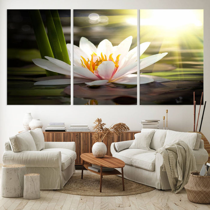 The Lotus Flower Wall Art Canvas Print showcases a white water lily with a yellow center floating gracefully in sunlight.