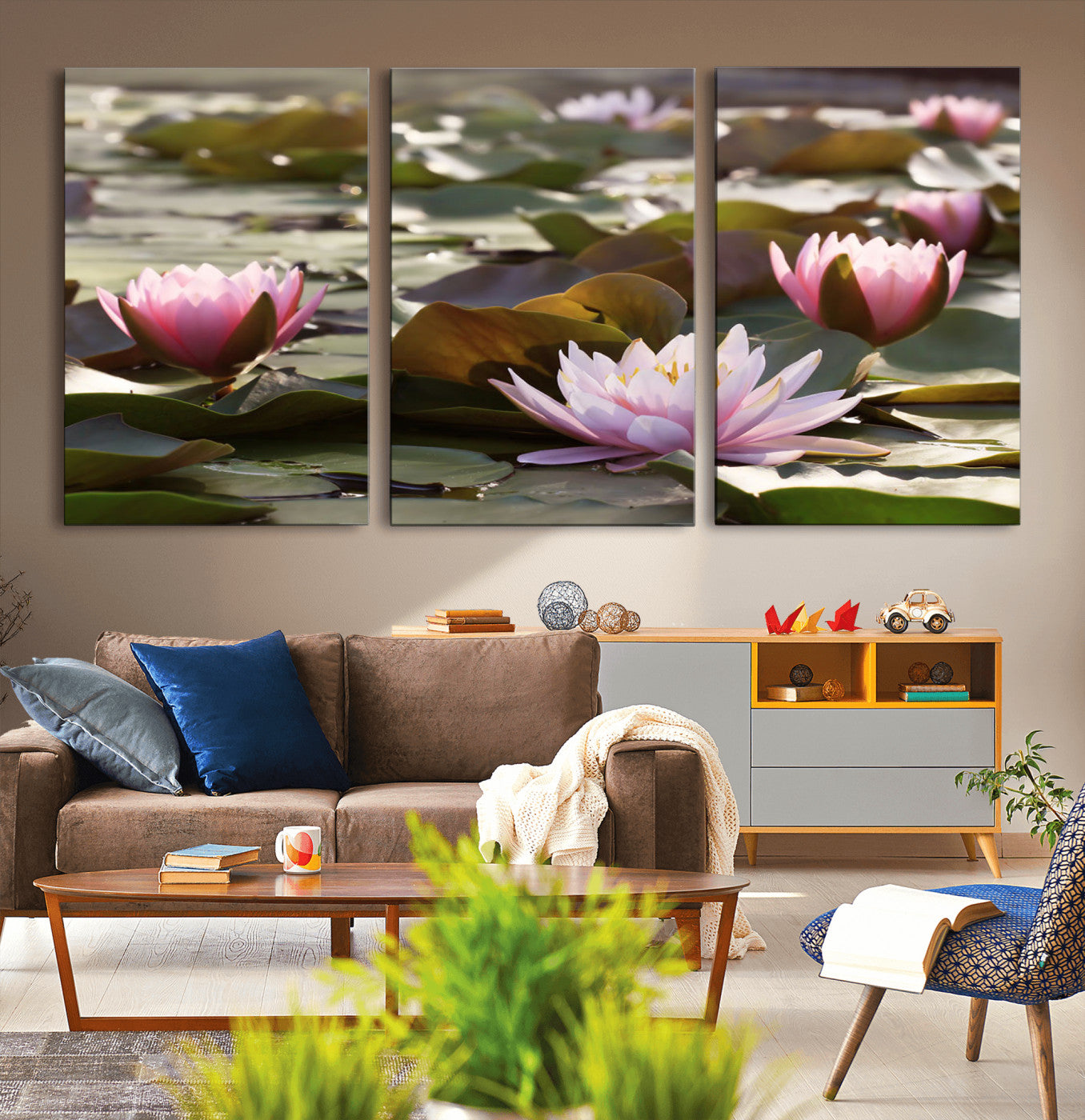 MGV-CV-60X30-3P - Lotus Flower Wall Art Canvas Print, Water Lily Large Wall Art Canvas Print for Yoga Room Decor,