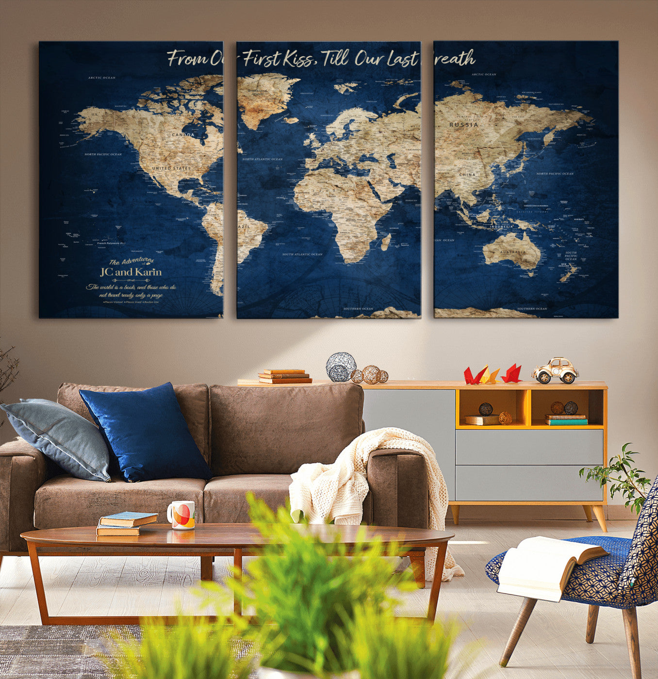 MGV-CV-60X30-3P - Push Pin World Map Canvas Print – Framed Wall Art for Couples to Track Their Travels – Anniversary