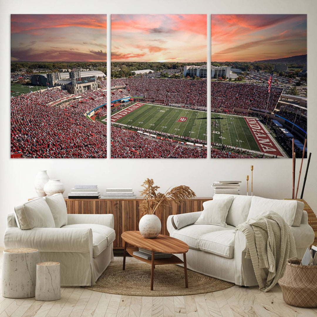 Gallery-quality Indiana Memorial Stadium Wall Art Canvas: A stunning view of the stadium at sunset.