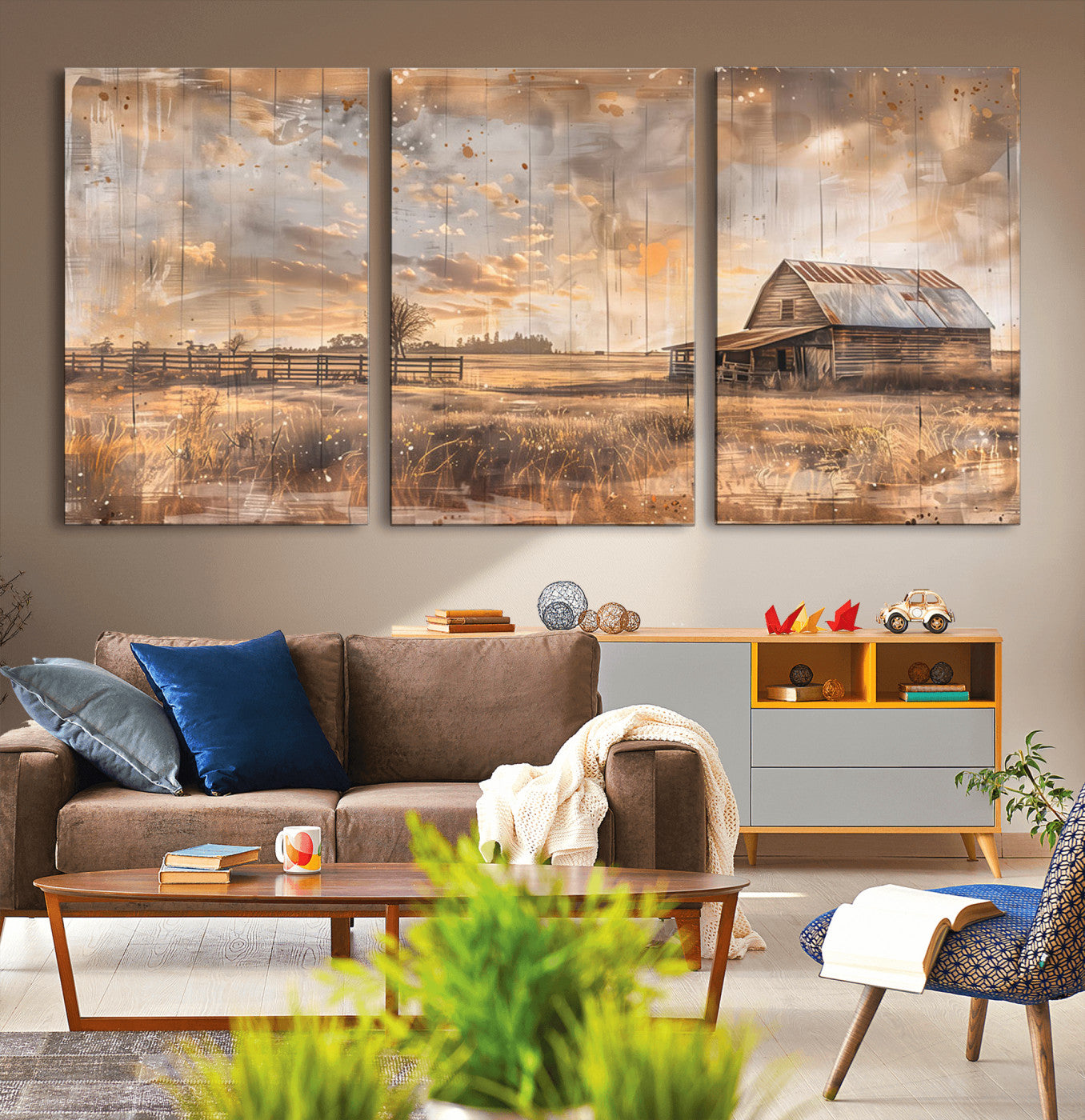 MGV-CV-60X30-3P - Rustic Farmhouse Wall Art Canvas Print | Barn and Field Canvas Print | Vintage Country Landscape