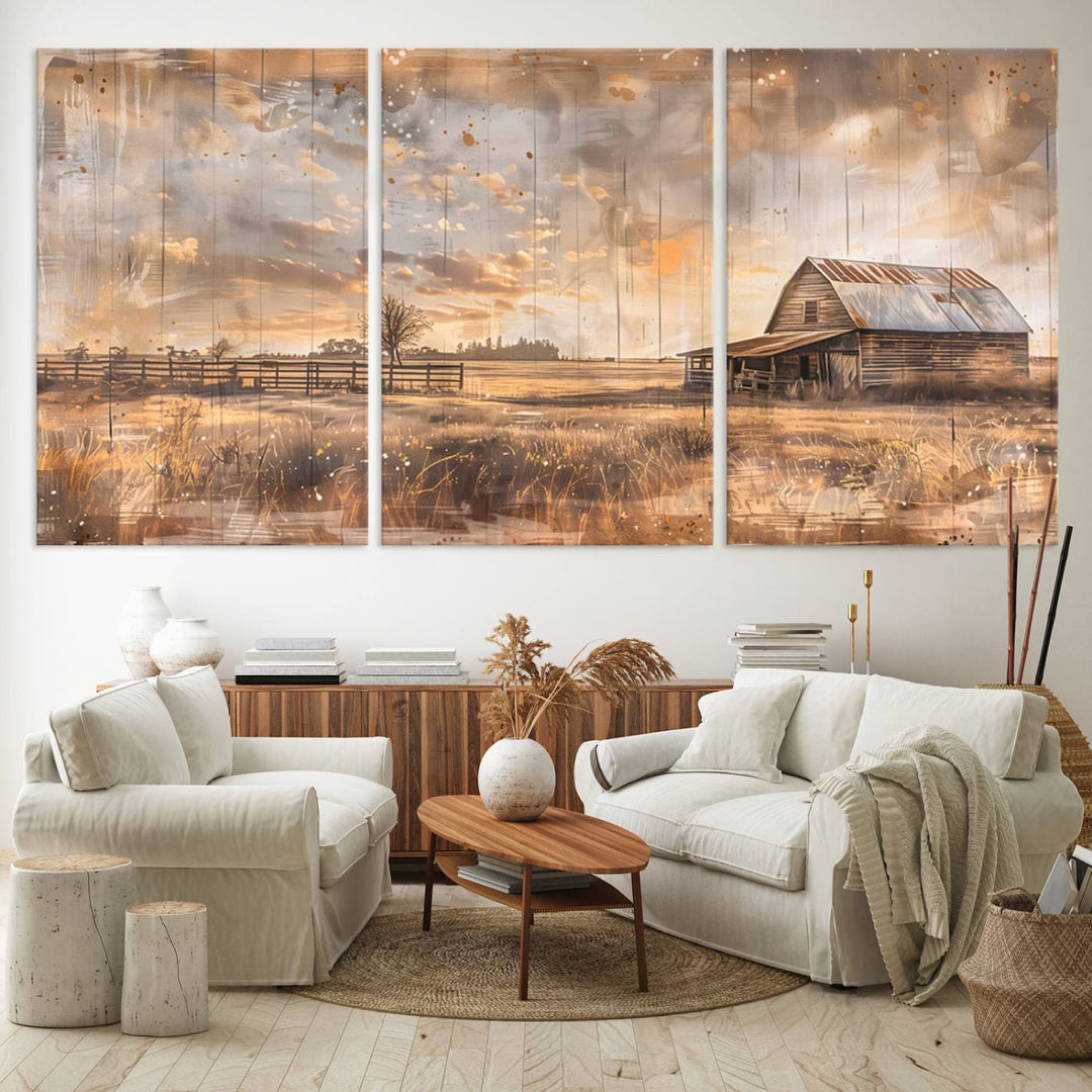 Rustic Farmhouse Wall Art Canvas depicting a barn under a cloudy sky.