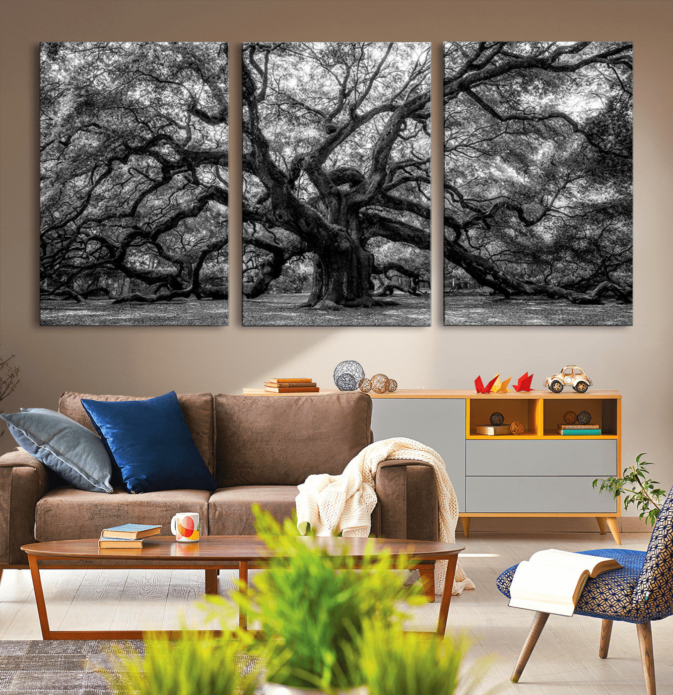 MGV-CV-60X30-3P - Black and White Old Angel Oak Tree Wall Art Canvas Print
