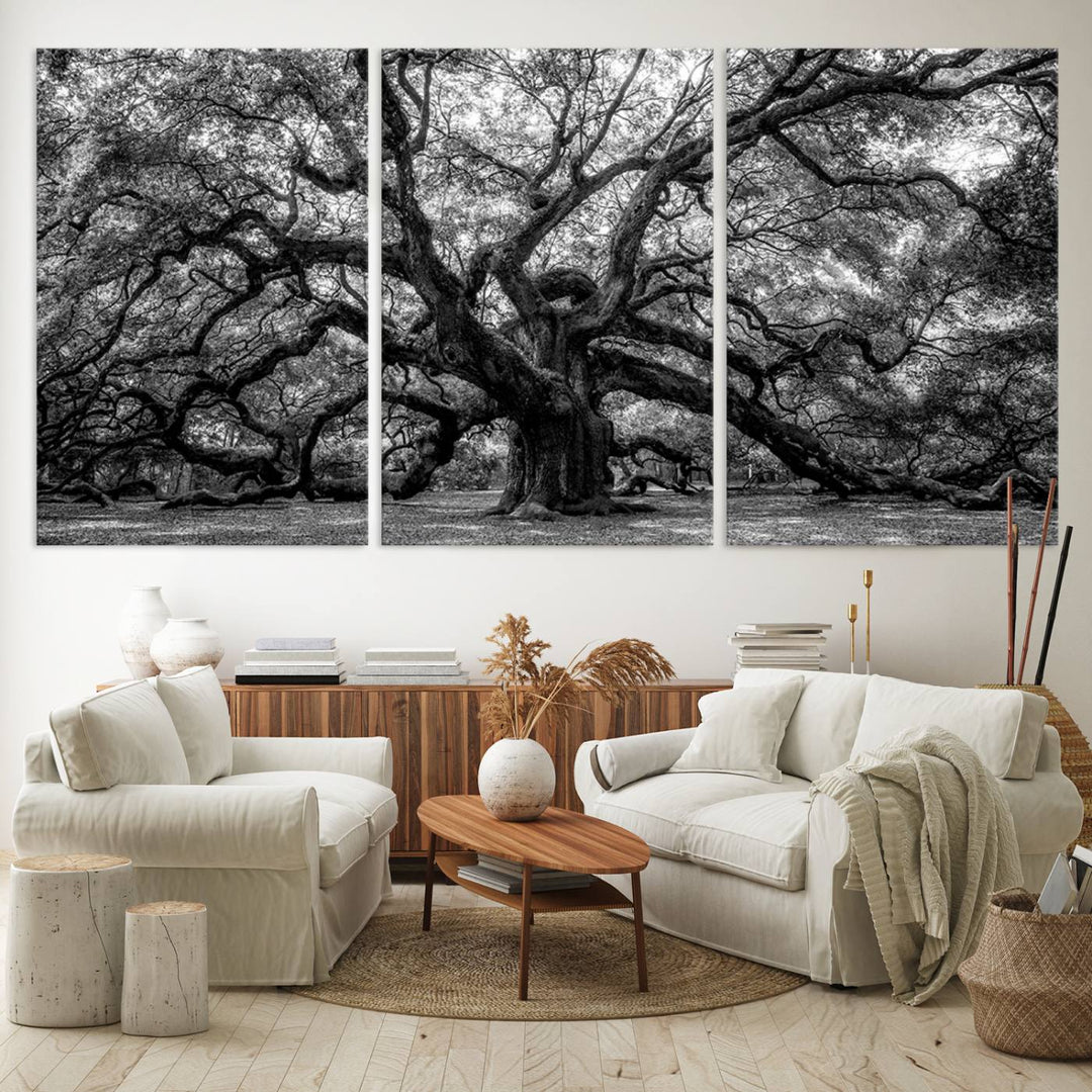 The Black and White Old Angel Oak Tree Canvas Print enhances the modern dining room.