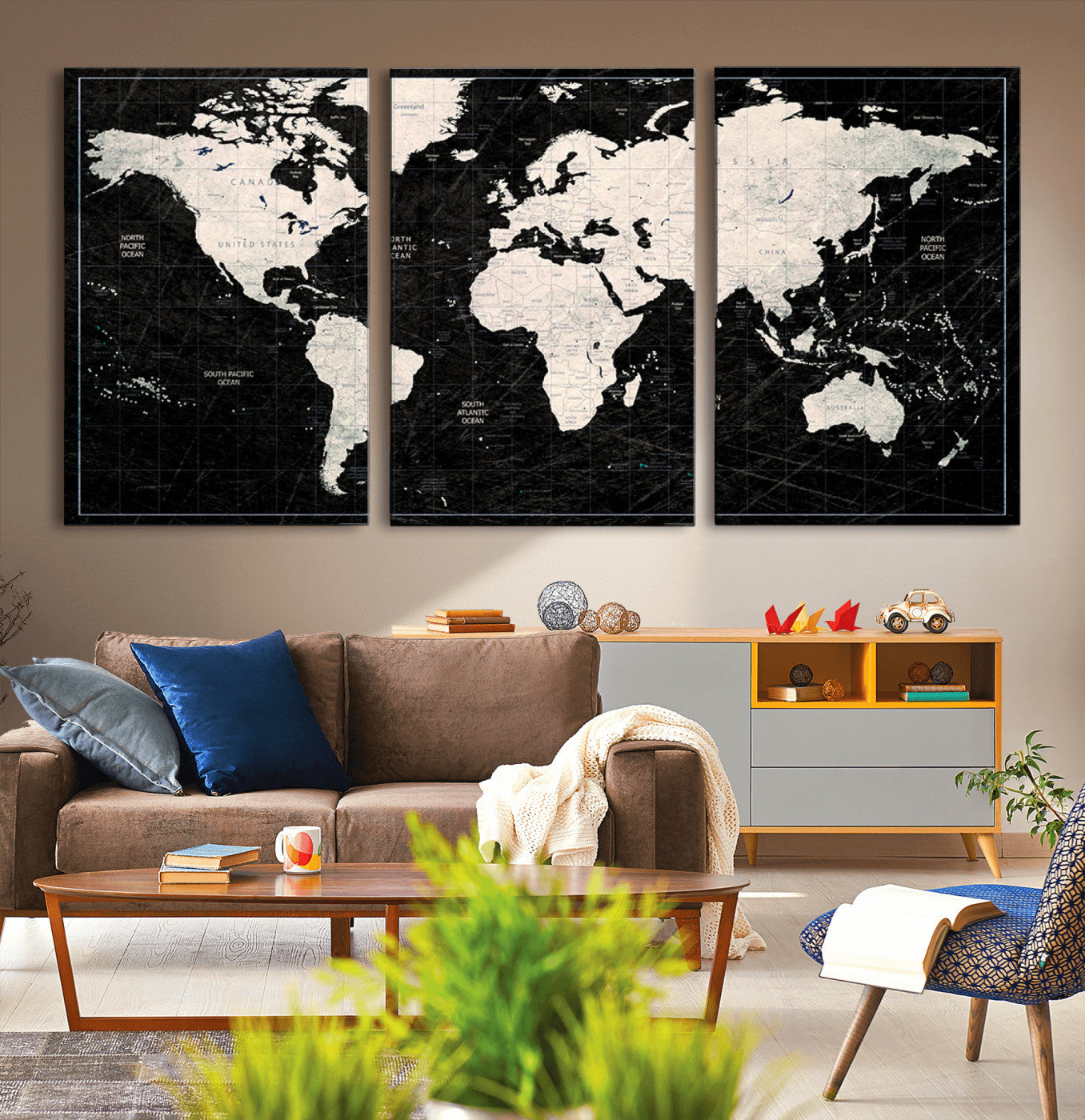 -Push Pin World Map Canvas Print – Framed Wall Art for Couples to Track Their Travels – Anniversary