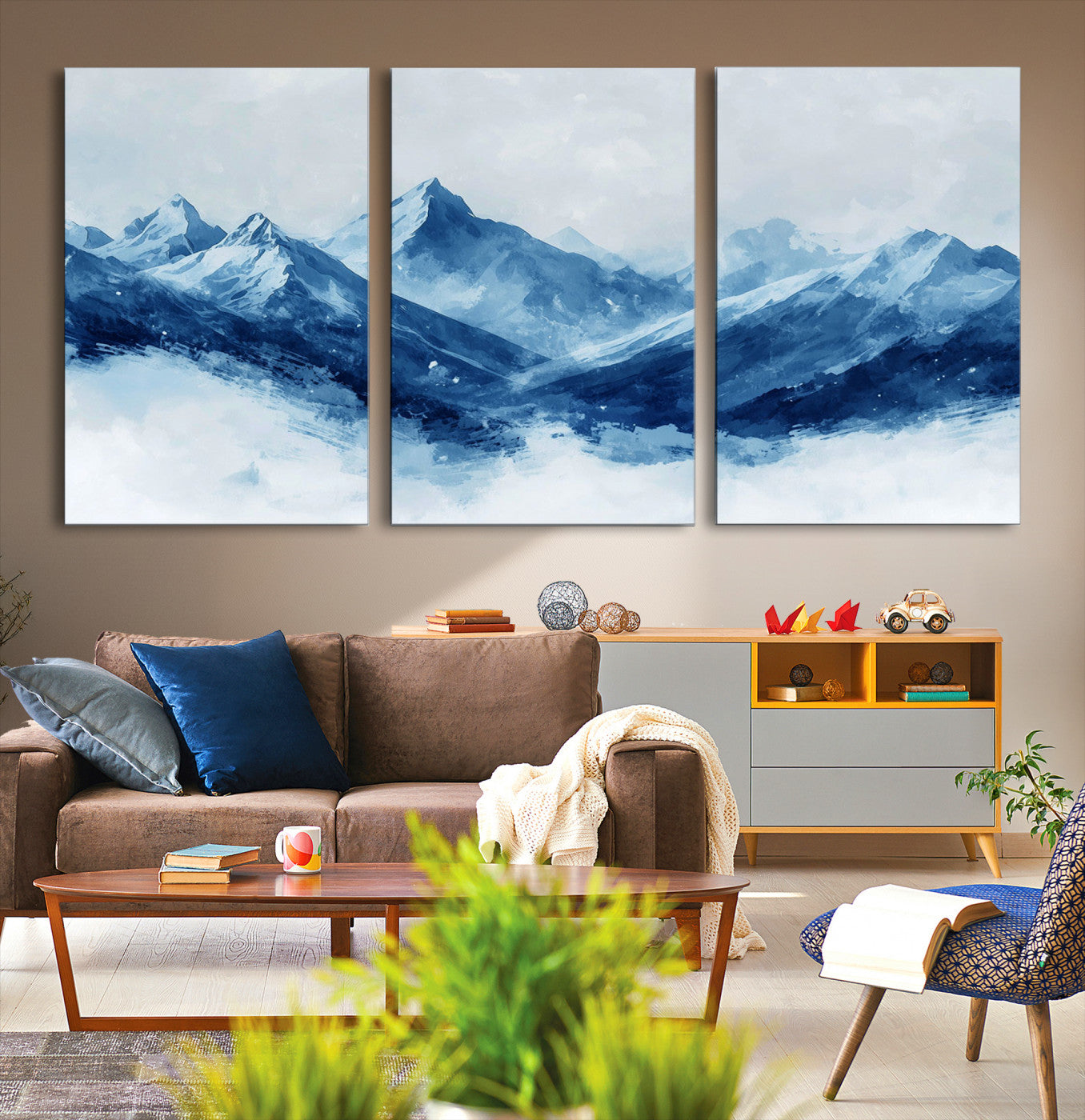 Peaceful watercolor-style painting of snowy blue mountains in soft tones, perfect for winter-themed or minimalist wall decor.