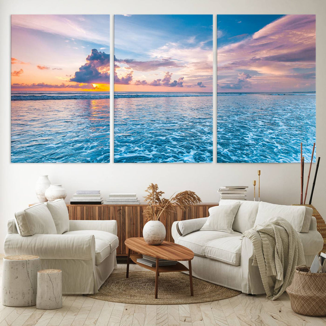 An Ocean Sunset Canvas Wall Art depicting a vibrant sky and rolling waves.