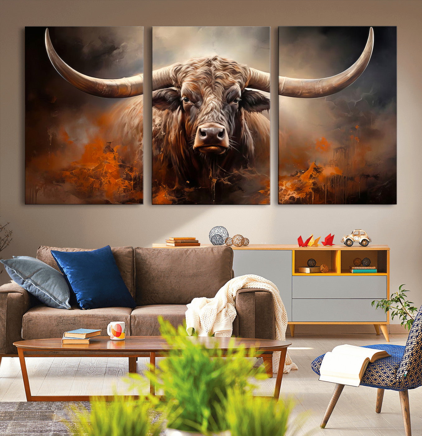 MGV-CV-60X30-3P - Highland Bull Canvas Abstract Canvas Wall Art Print – Powerful Highland Bull with Striking Horns in