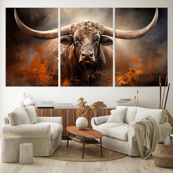 A Highland Bull with striking horns is depicted in a fiery abstract style on a ready-to-hang wall art canvas, evoking strength.