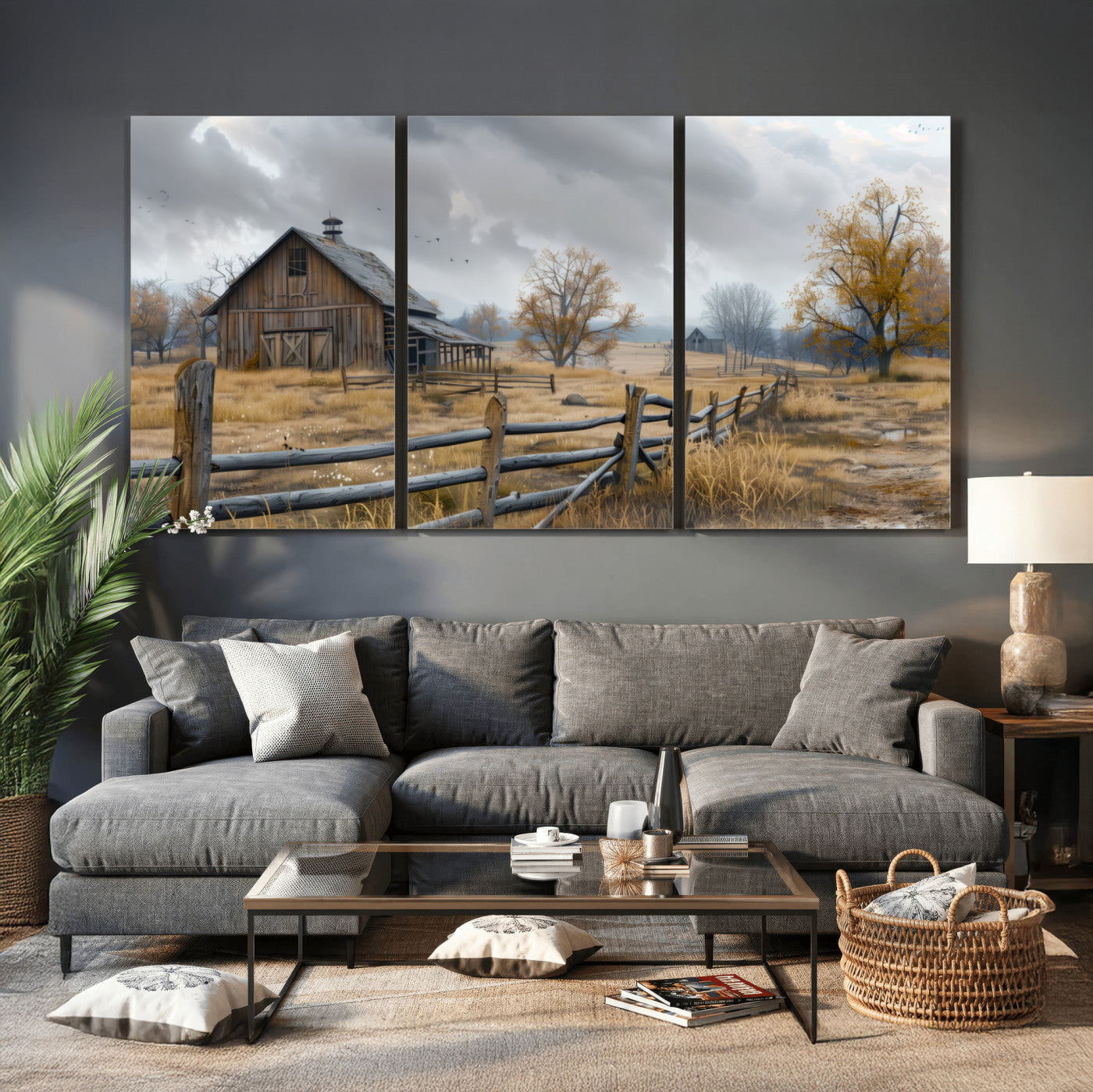 Farm1-MGV-CV-36X24 - Rustic Autumn Farmhouse Wall Art Canvas Print – Serene Countryside Scene with Weathered Barn and