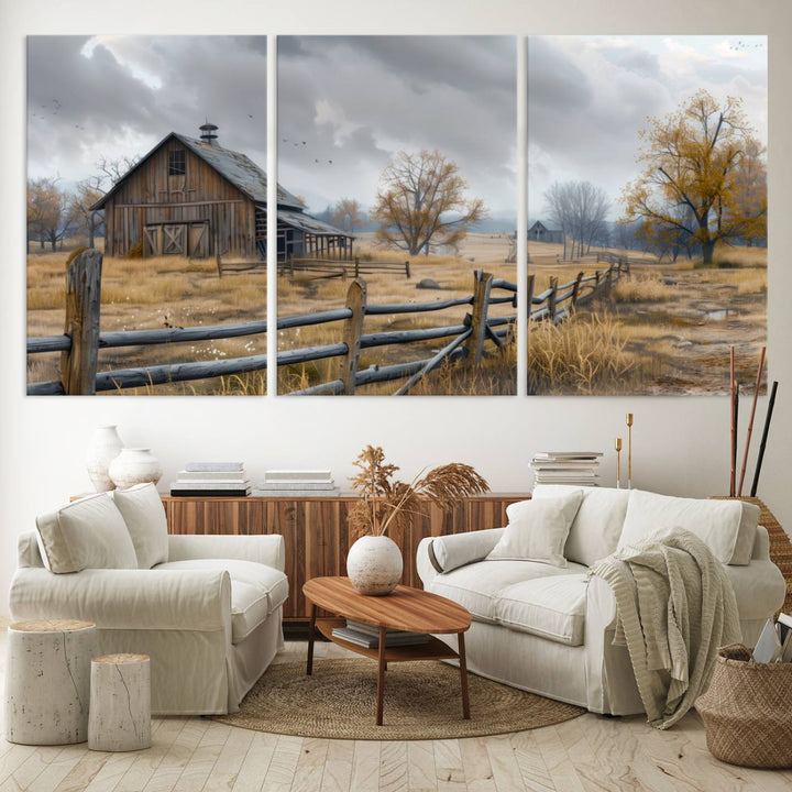 Rustic Autumn Farmhouse Wall Art – Weathered Barn & Trees Canvas Print, featuring a serene scene with birds in the sky. This piece is ready to hang.