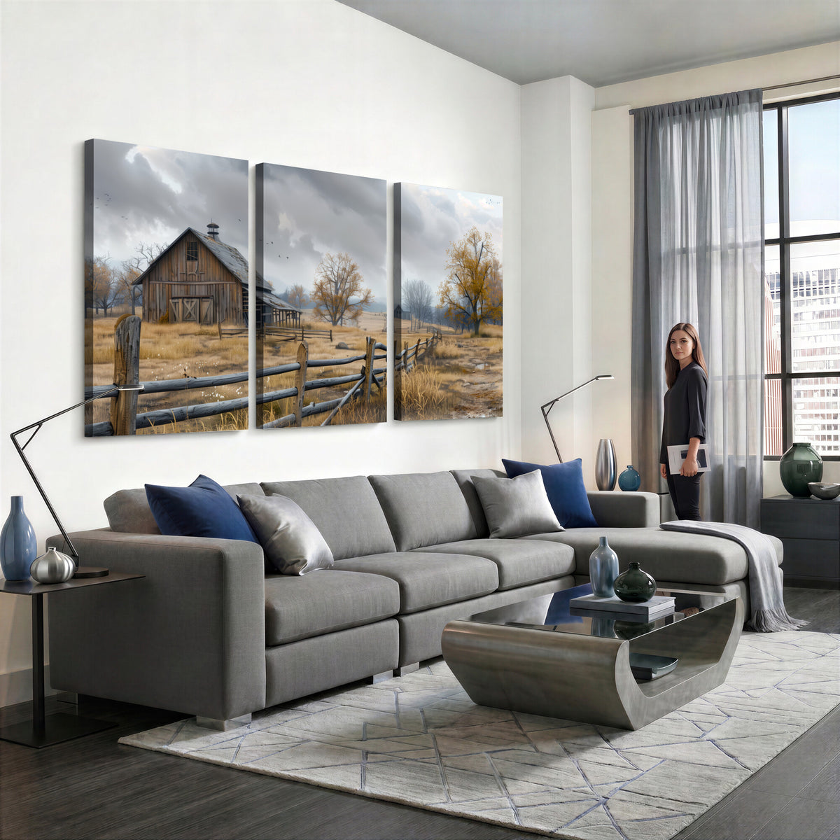 Farm1-MGV-CV-36X24 - Rustic Autumn Farmhouse Wall Art Canvas Print | Serene Countryside with Weathered Barn