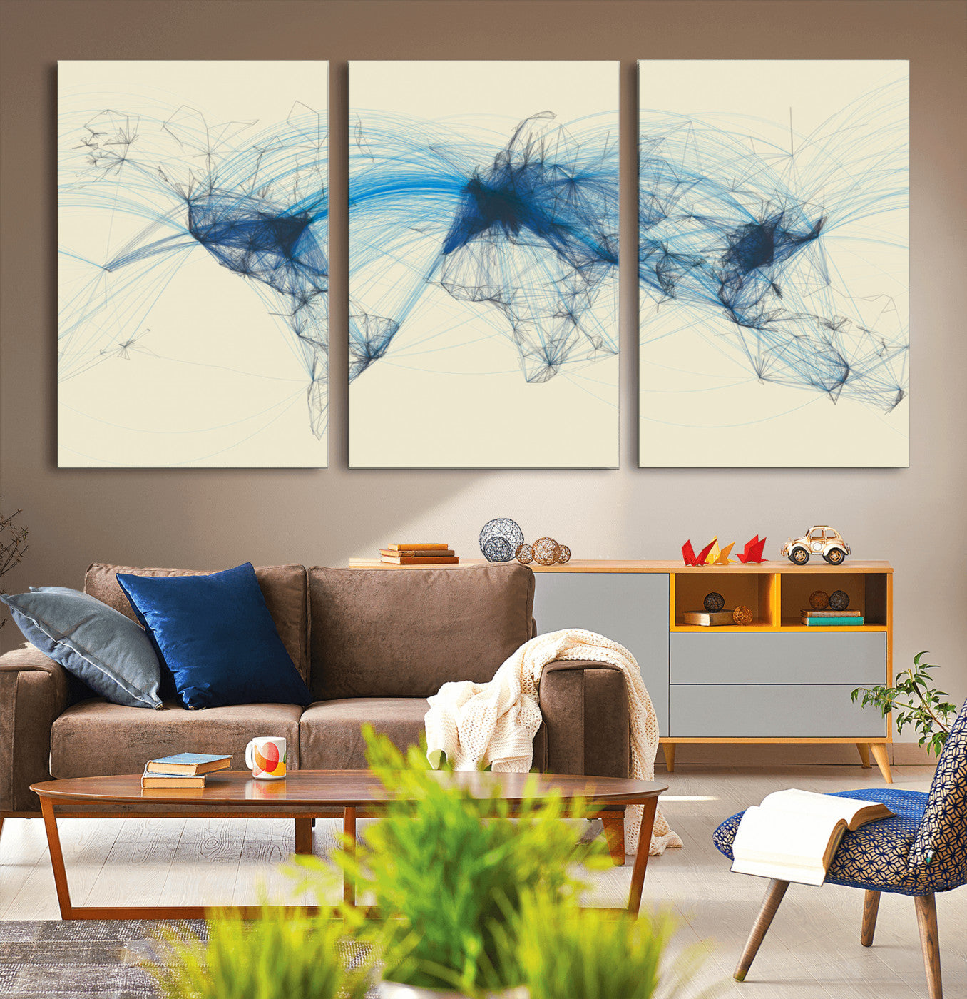 Map-Blue-Contract-MGV-CV-36X24-Flight Routes Map Art – Modern Air Traffic World Map Canvas Print with Blue Connections, Framed Wall Art for Office or Home Decor