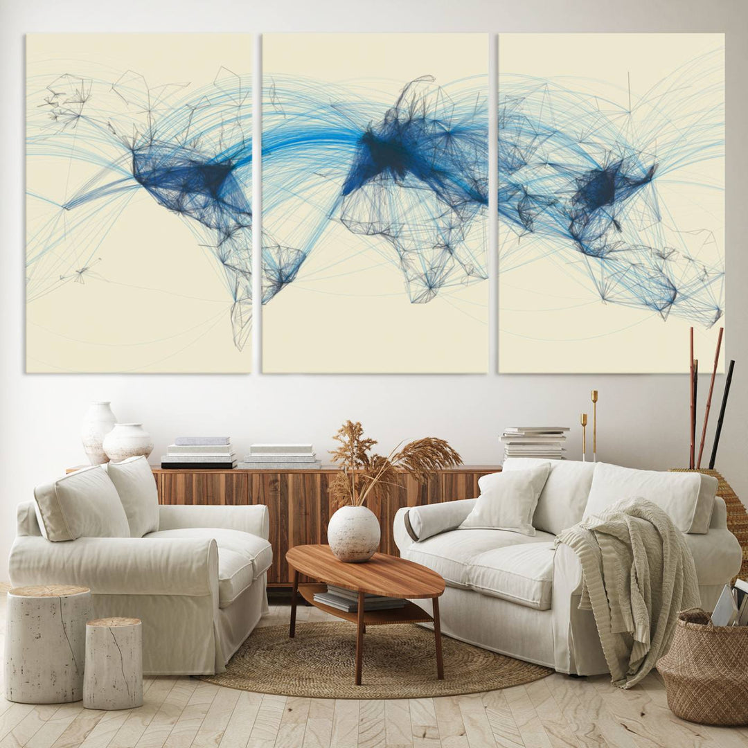 Flight Routes Map: Air Traffic Avi World Map featuring blue lines symbolizing global data. Ideal for home decor and ready to hang.