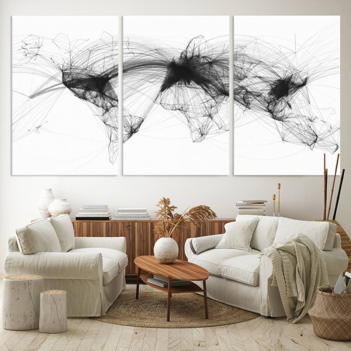 The Flight Routes Air Traffic canvas wall art, framed and ready to hang, is perfect for aviation enthusiasts.