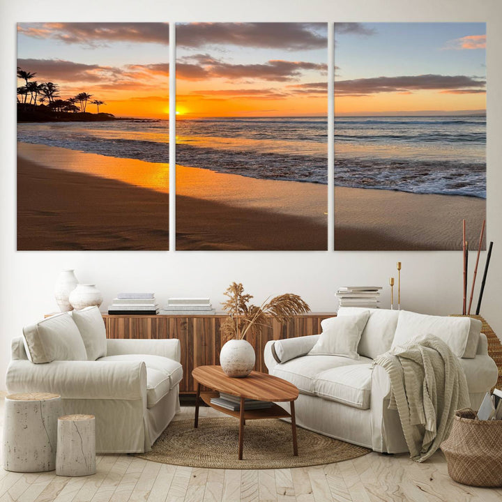 Sunset Wall Art Print featuring a beach sunset with waves and palms, perfect for coastal decor.