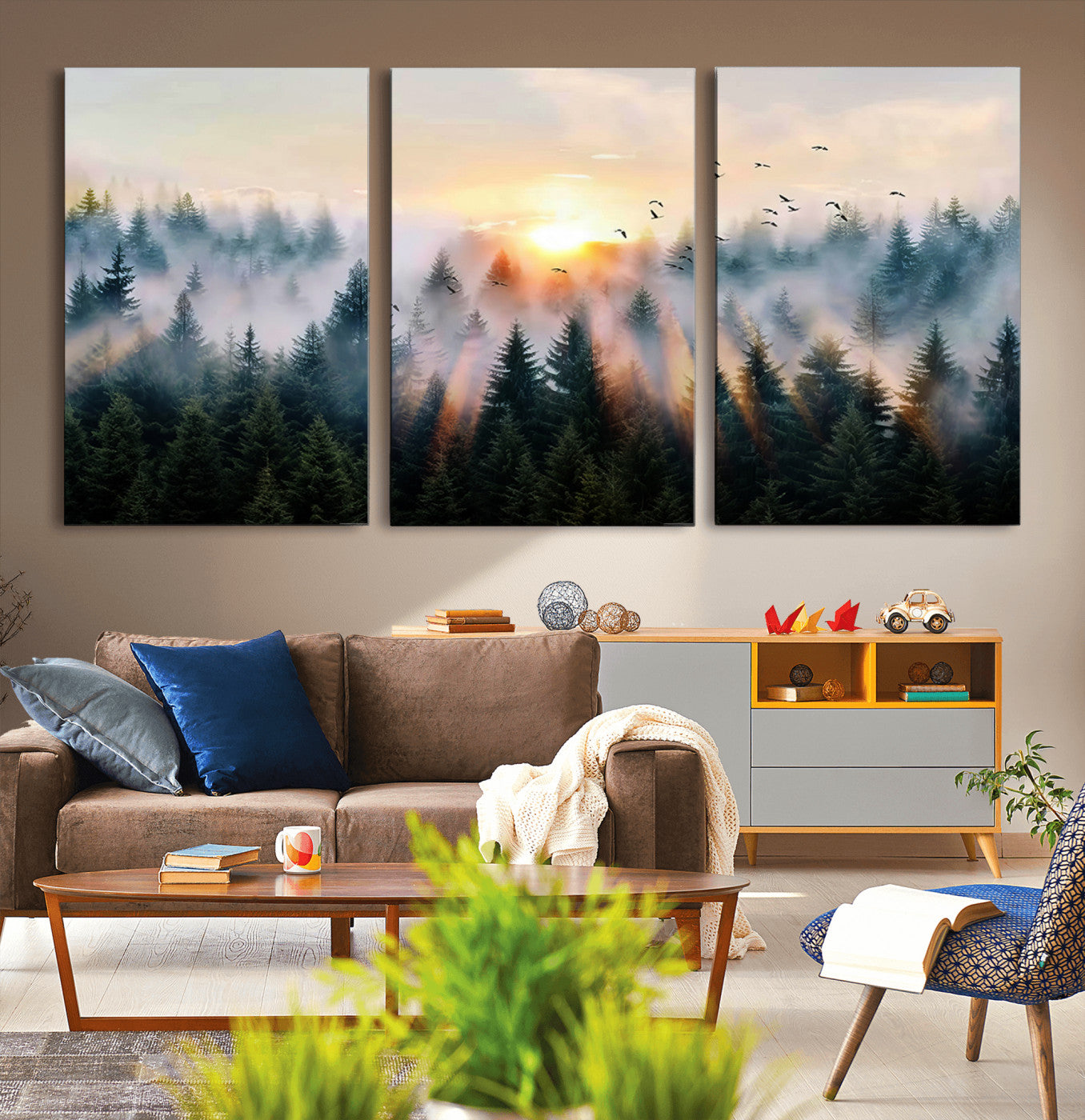 MGV-CV-60X30-3P - Abstract Forest Wall Art - Serene Nature Canvas Print with Misty Forest Design for Modern Home or