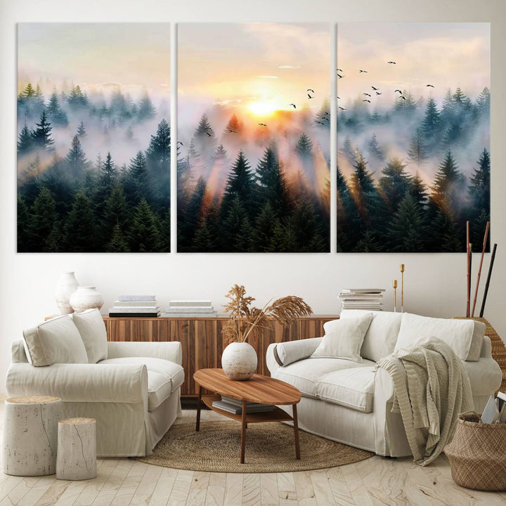 Sunrise over a misty forest with rays filtering through trees in the Abstract Forest Wall Art featuring soaring birds.