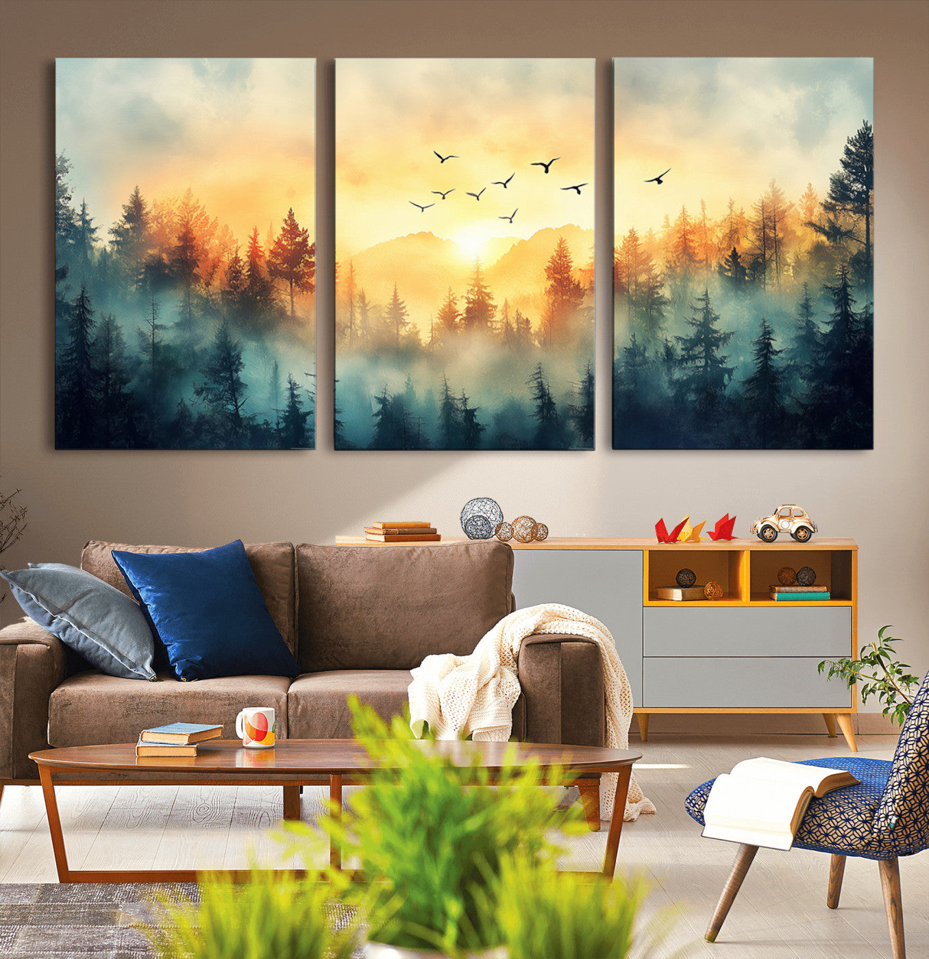 MGV-CV-60X30-3P - Abstract Forest Wall Art Print- Serene Nature Canvas Print with Misty Forest Design for Modern Home