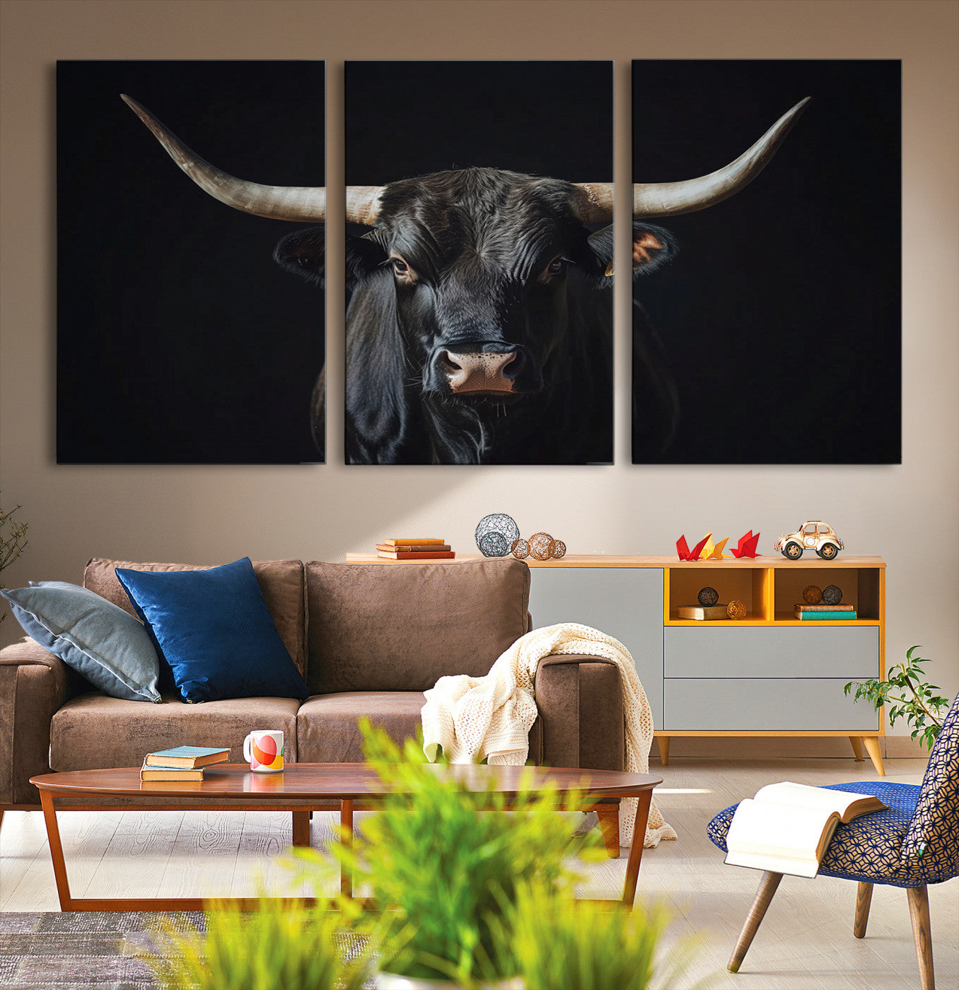 Canvas of a black longhorn bull against a dark background, featuring moody tones and western character for rustic or cowboy-inspired spaces.