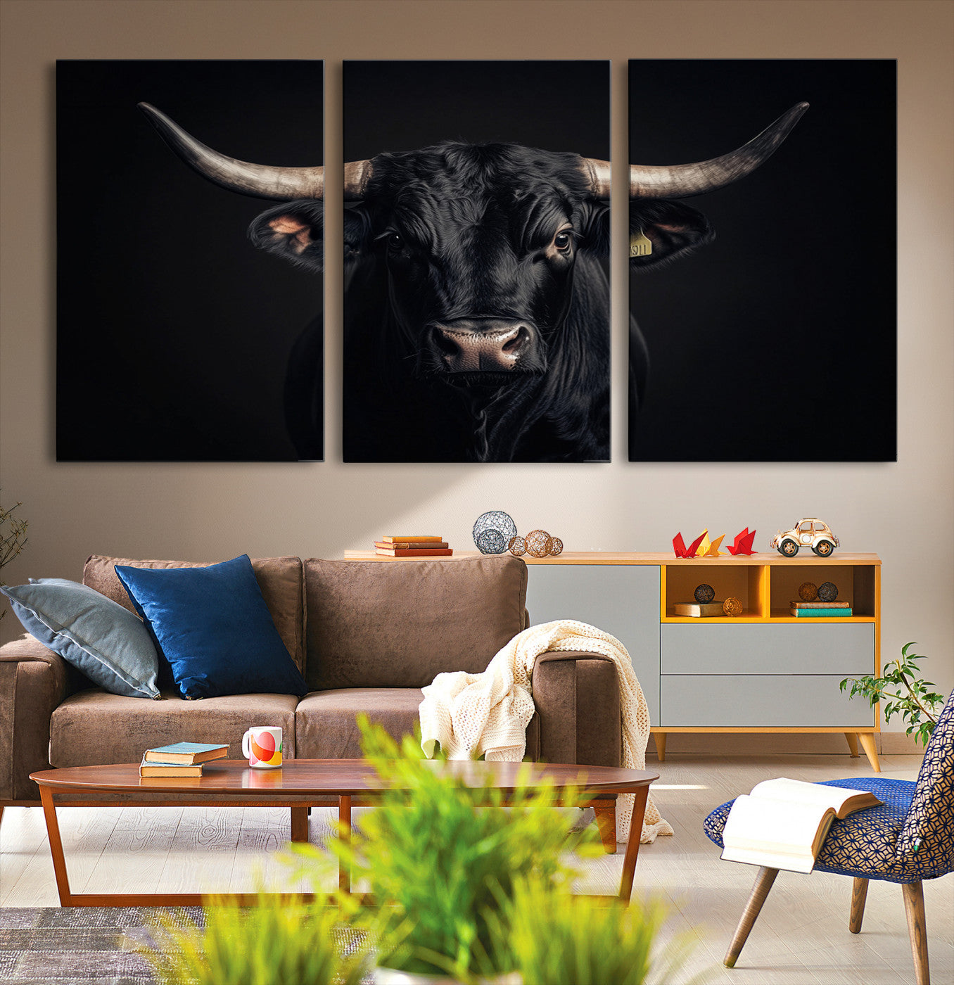 Canvas featuring a black horned bull in moody lighting on a dark background, perfect for western or rustic farmhouse-style home decor.