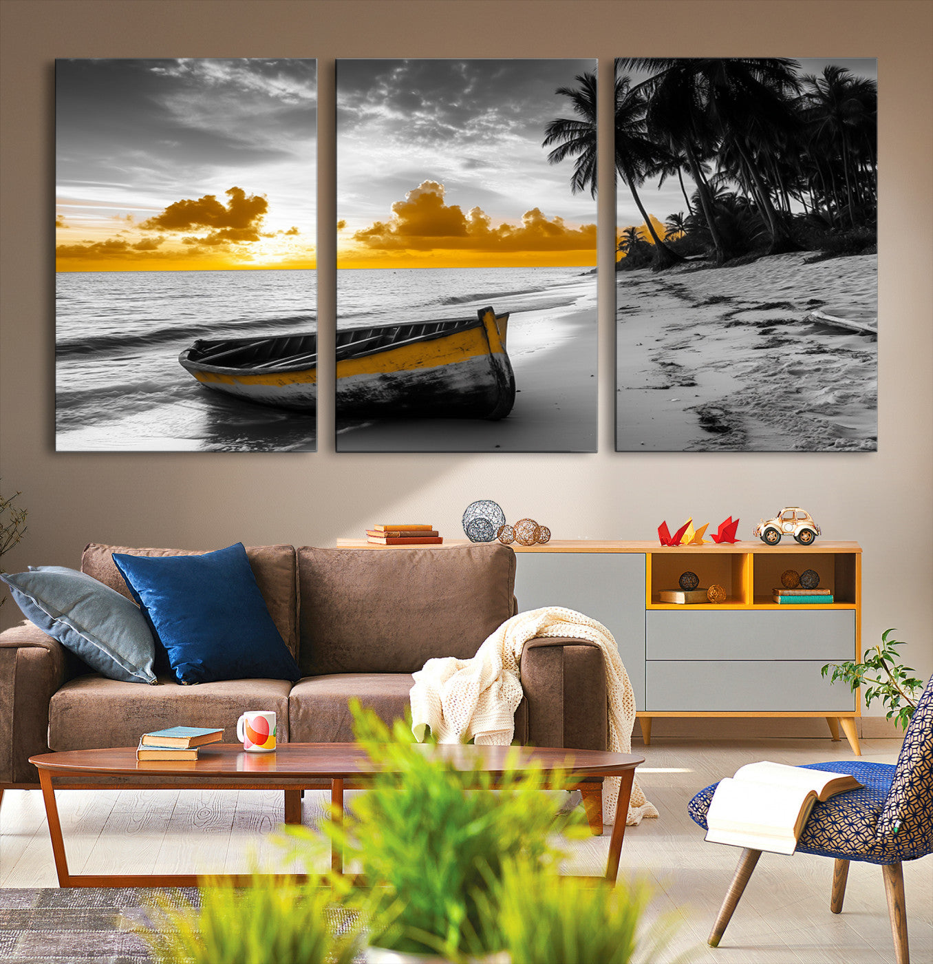 Canvas of a yellow rowboat on a black and white tropical beach with golden sunset sky, ideal for coastal or tropical-themed home decor.
