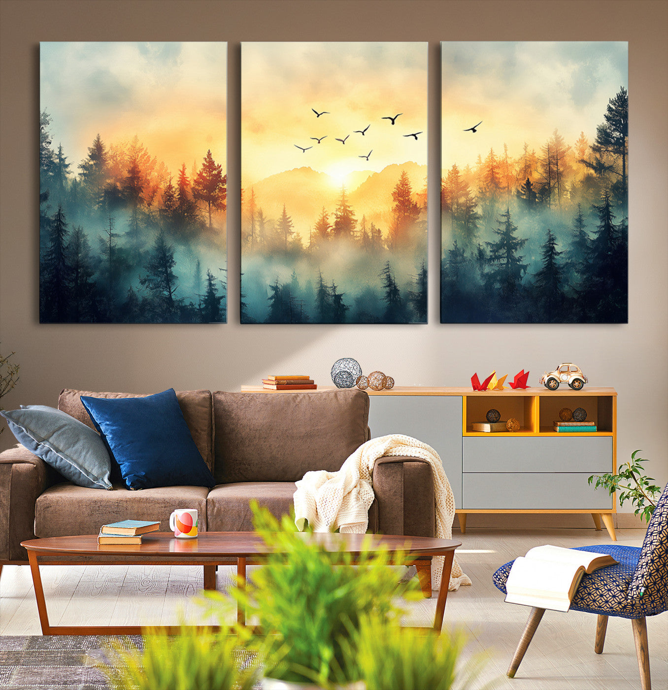 Canvas of a misty pine forest at sunrise with golden light and birds flying across the sky, perfect for tranquil nature-themed wall decor.