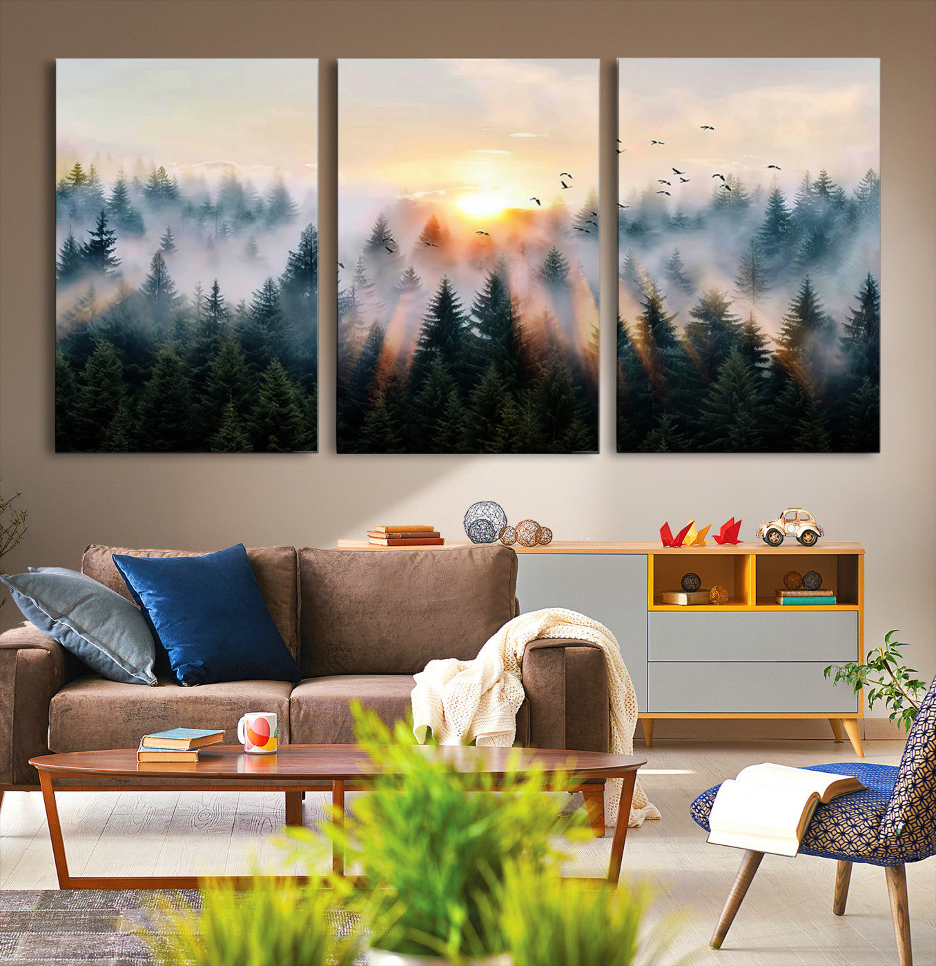 Canvas of a misty pine forest at sunrise with birds flying through golden morning rays, perfect for serene and moody woodland-style home decor.
