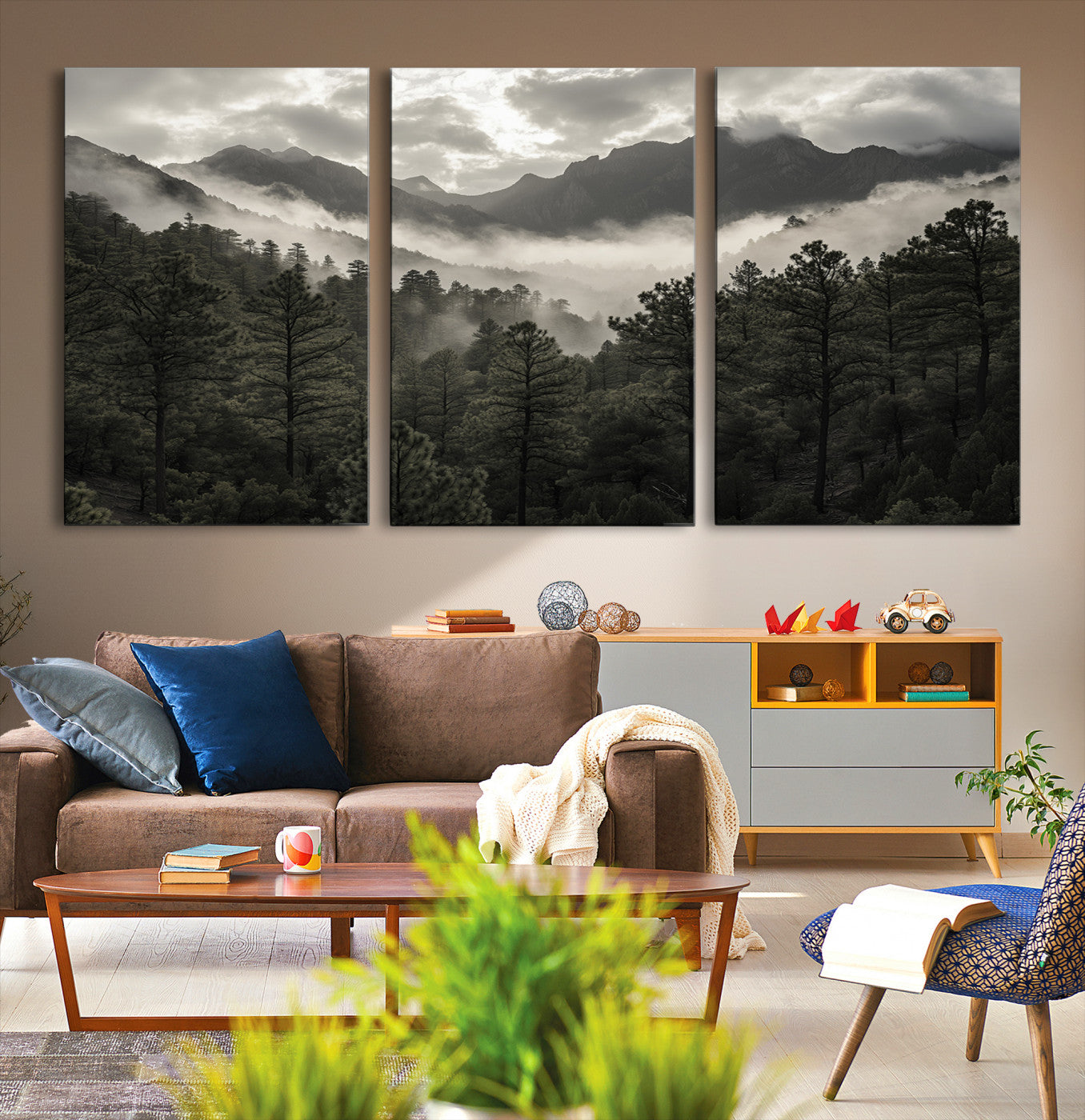 Canvas of moody pine forest and foggy mountain peaks under overcast skies, ideal for calm and rustic woodland-themed home decor.