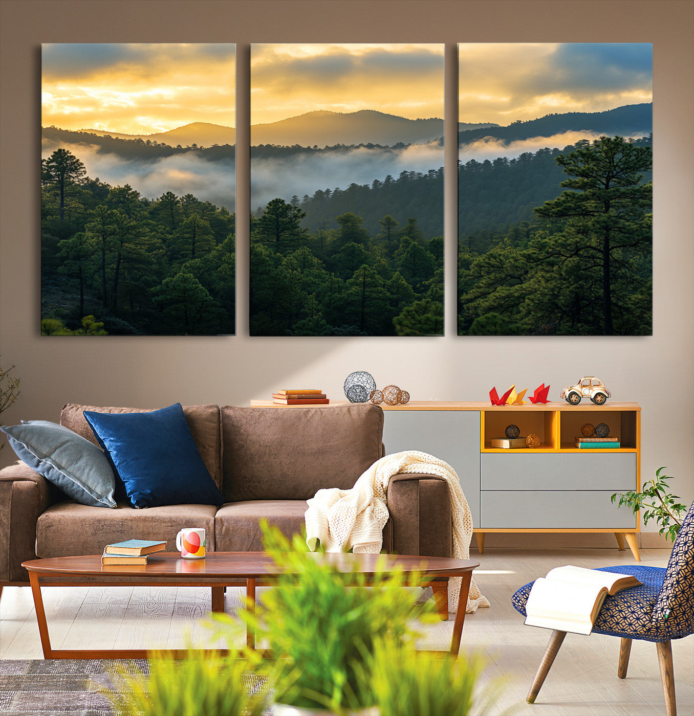 Canvas of misty pine-covered mountains at sunrise, featuring golden light and fog layers, ideal for tranquil earthy home decor.