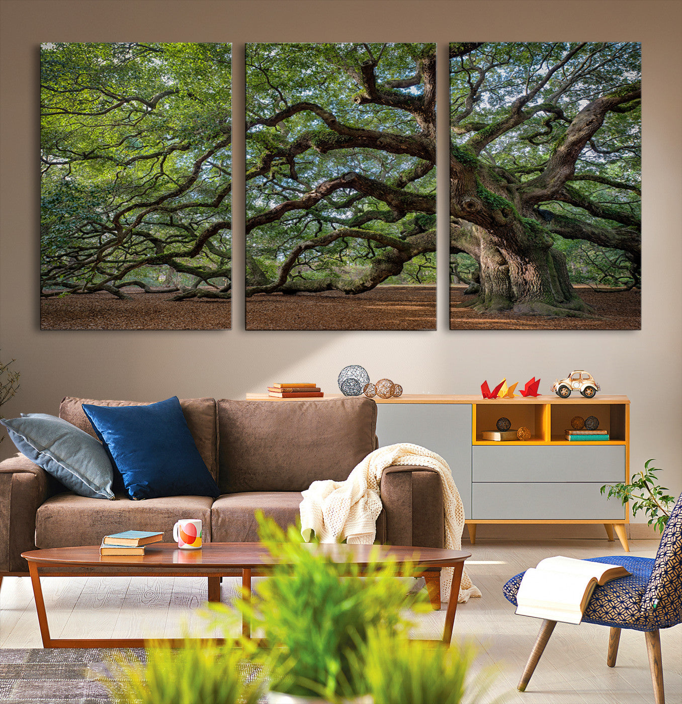 Canvas of the Angel Oak tree with sprawling limbs and mossy bark, ideal for earthy natural or rustic southern-inspired decor.