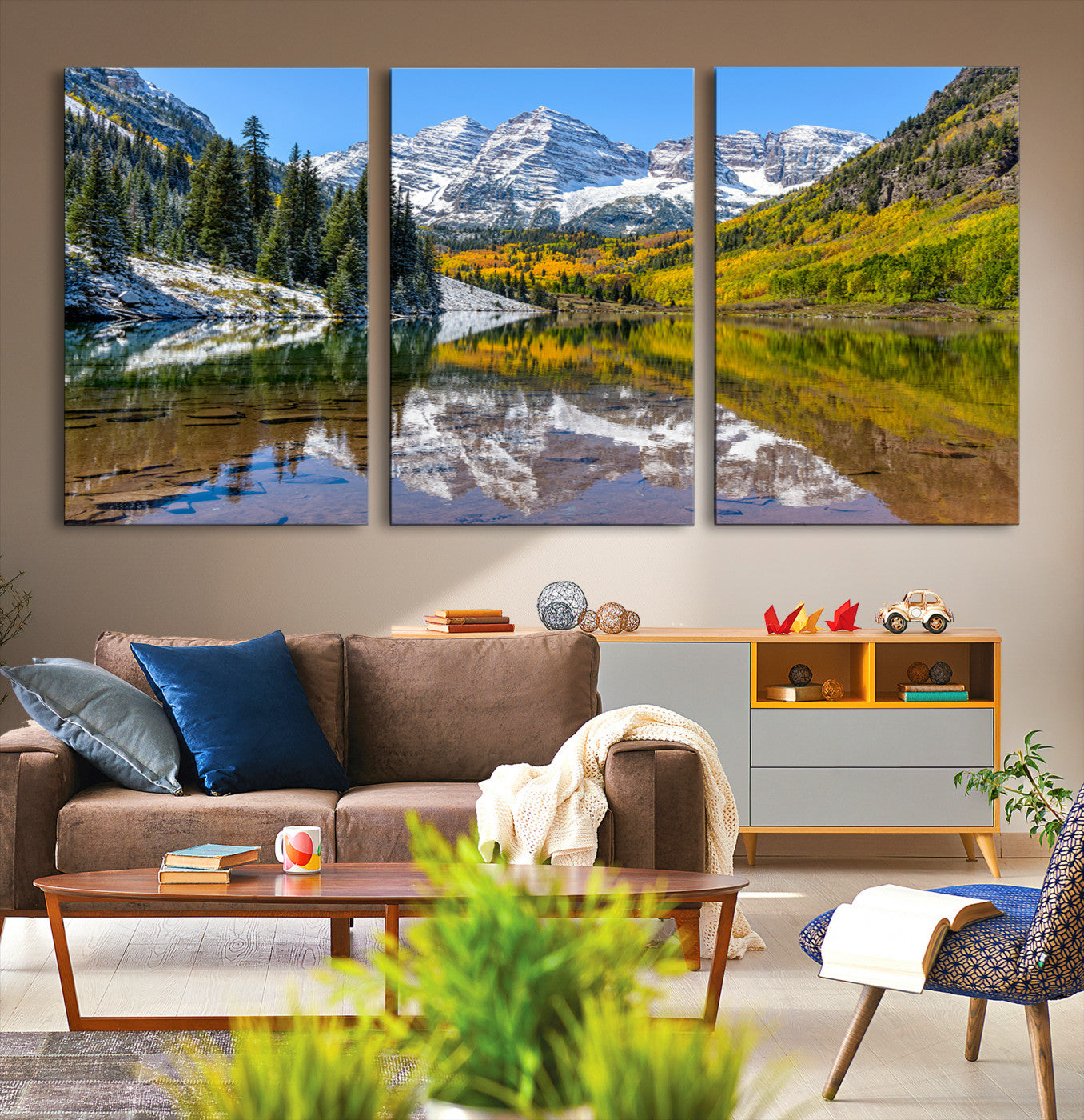 Canvas of Maroon Bells reflected in a clear alpine lake, with golden aspens and snowy peaks, ideal for crisp autumn or mountain-themed decor.